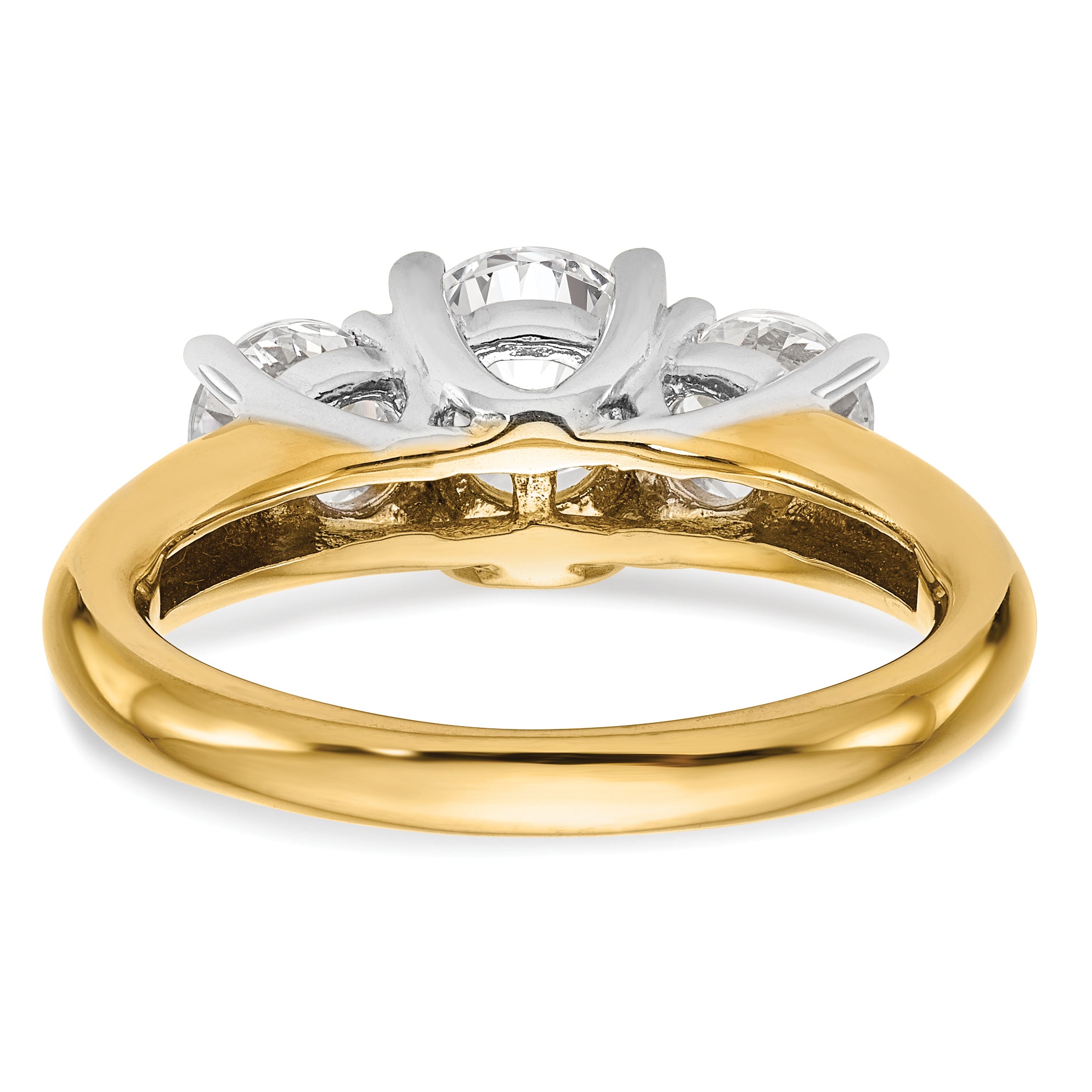 14k Two-tone Three Stone 1 carat Center Round and 1/2 carat Side Stone Engagement Ring Mounting (No Stones Included)