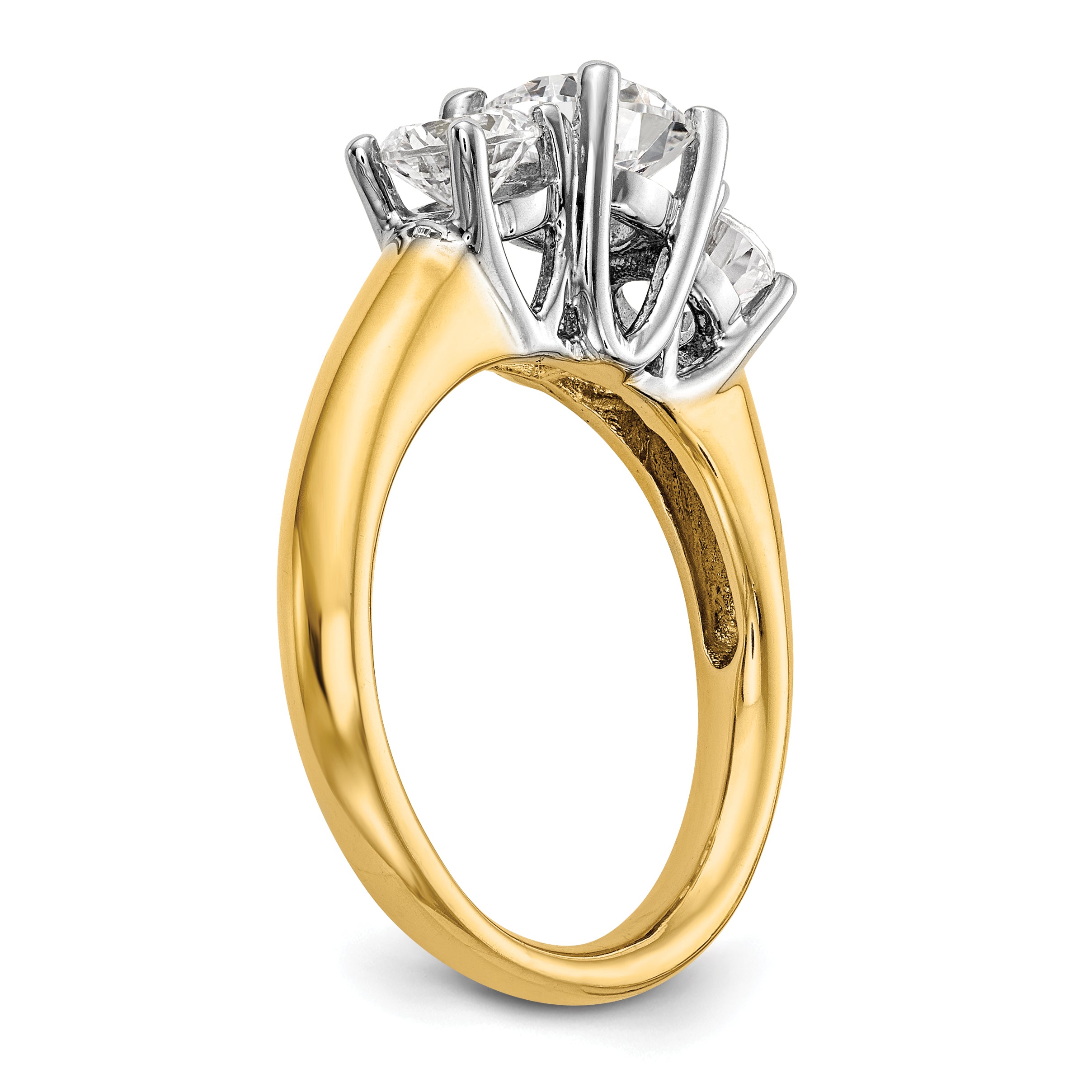 14k Two-tone Three Stone 1 carat Center Round and 1/2 carat Side Stone Engagement Ring Mounting (No Stones Included)