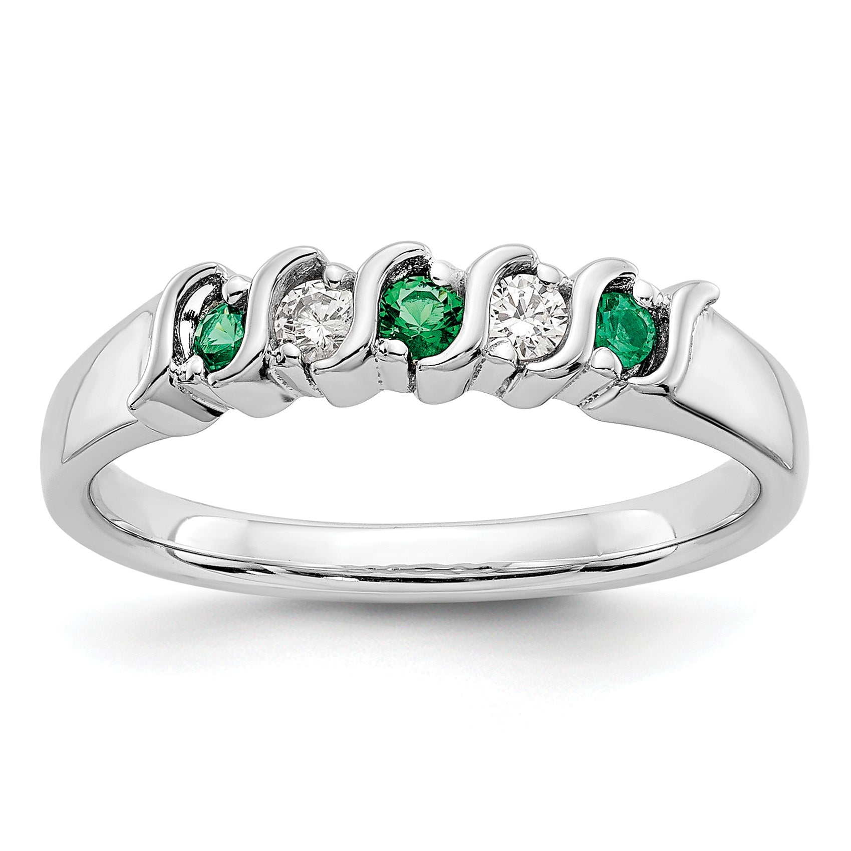14k White Gold 1/10 carat Diamond and Emerald Complete Band Main image