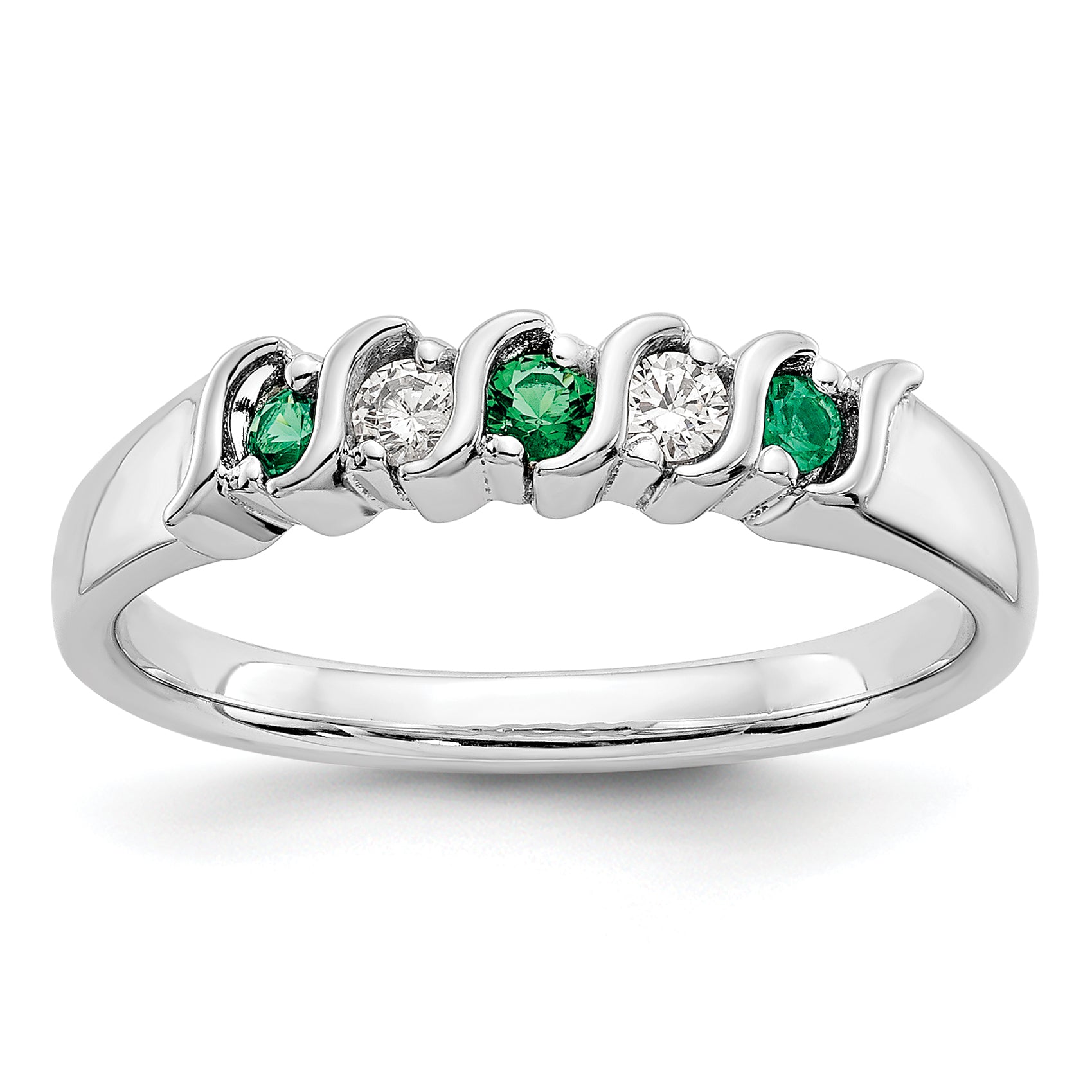 14k White Gold 1/10 carat Diamond and Emerald Complete Band