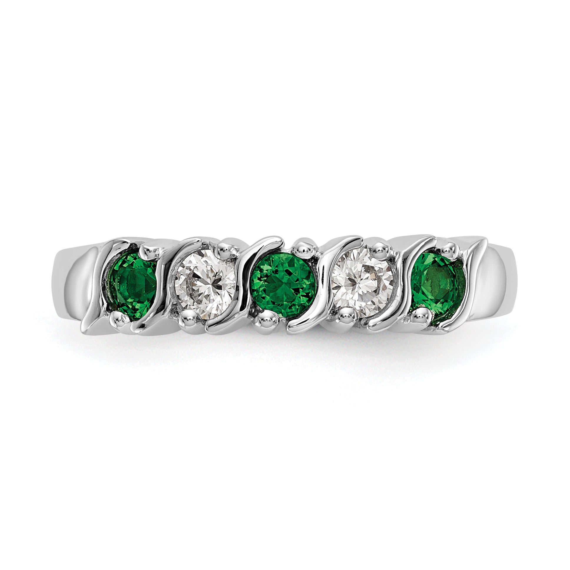 14k White Gold 1/5 carat Diamond and Emerald Complete Band
