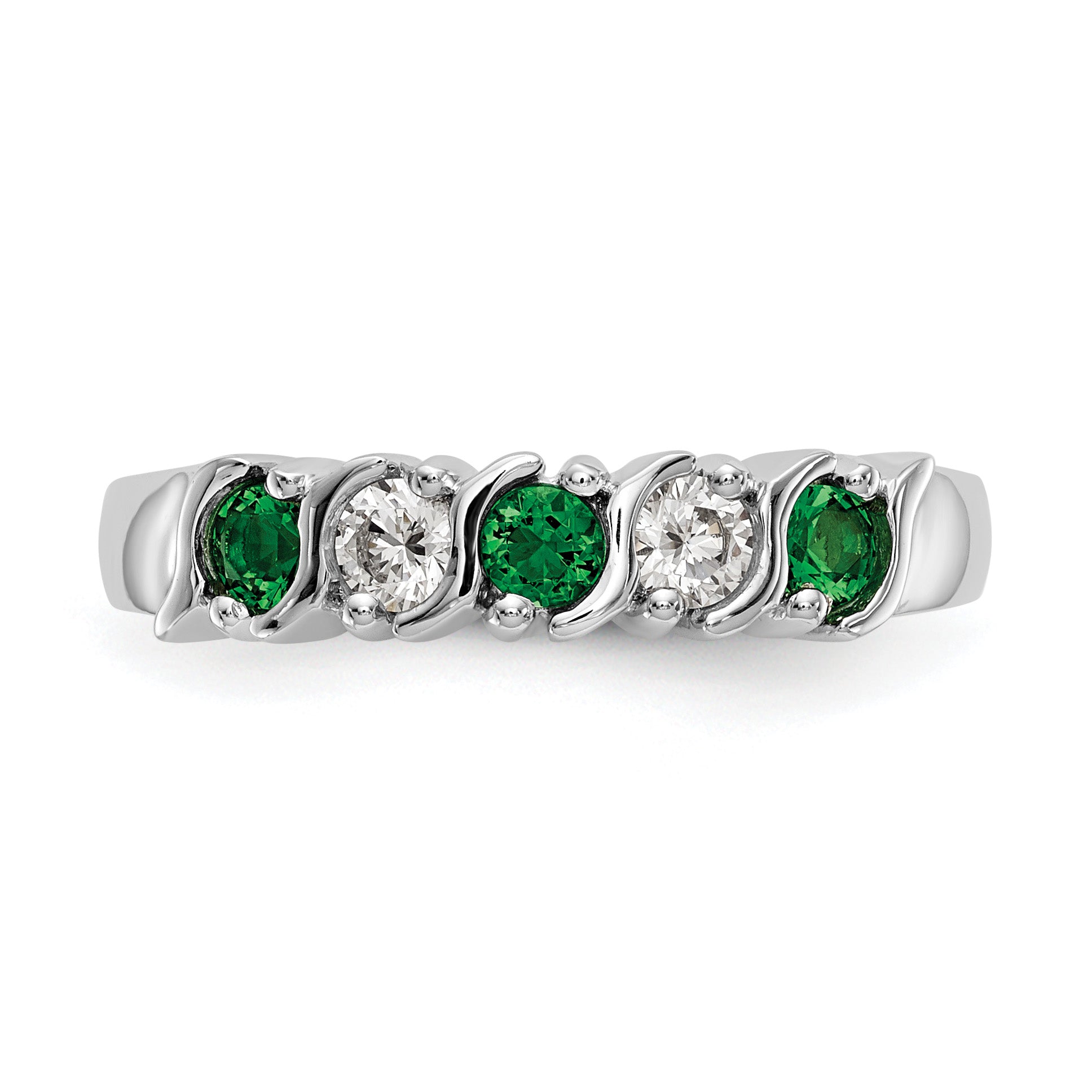 14k White Gold 1/5 carat Diamond and Emerald Complete Band