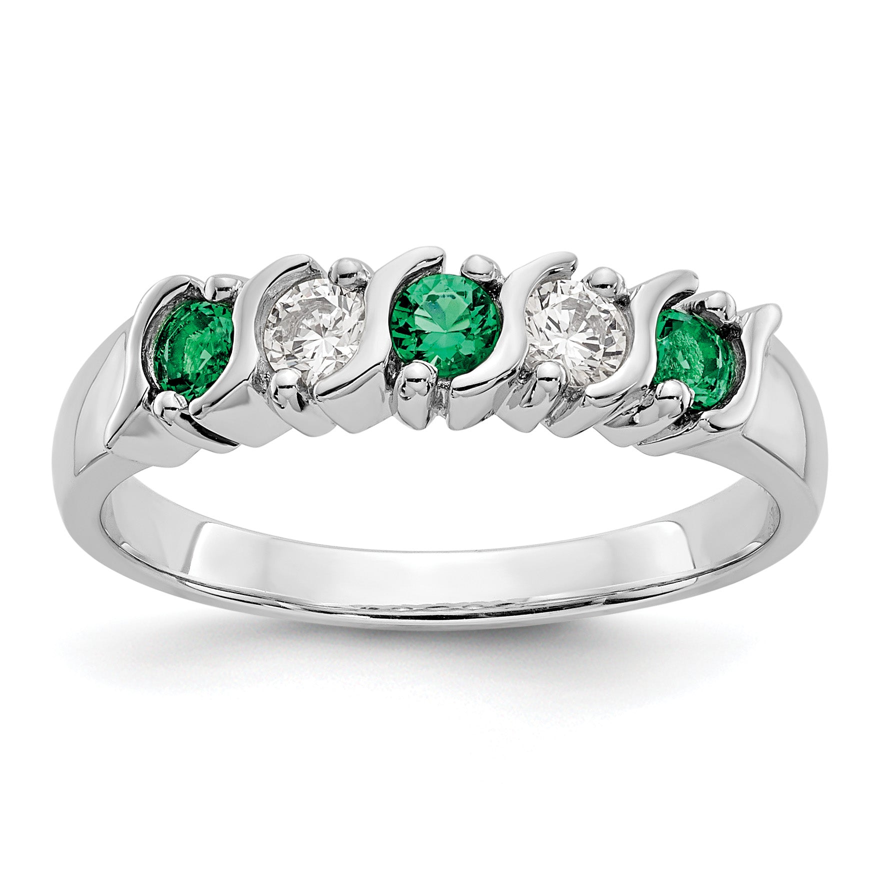 14k White Gold 1/5 carat Diamond and Emerald Complete Band Main image