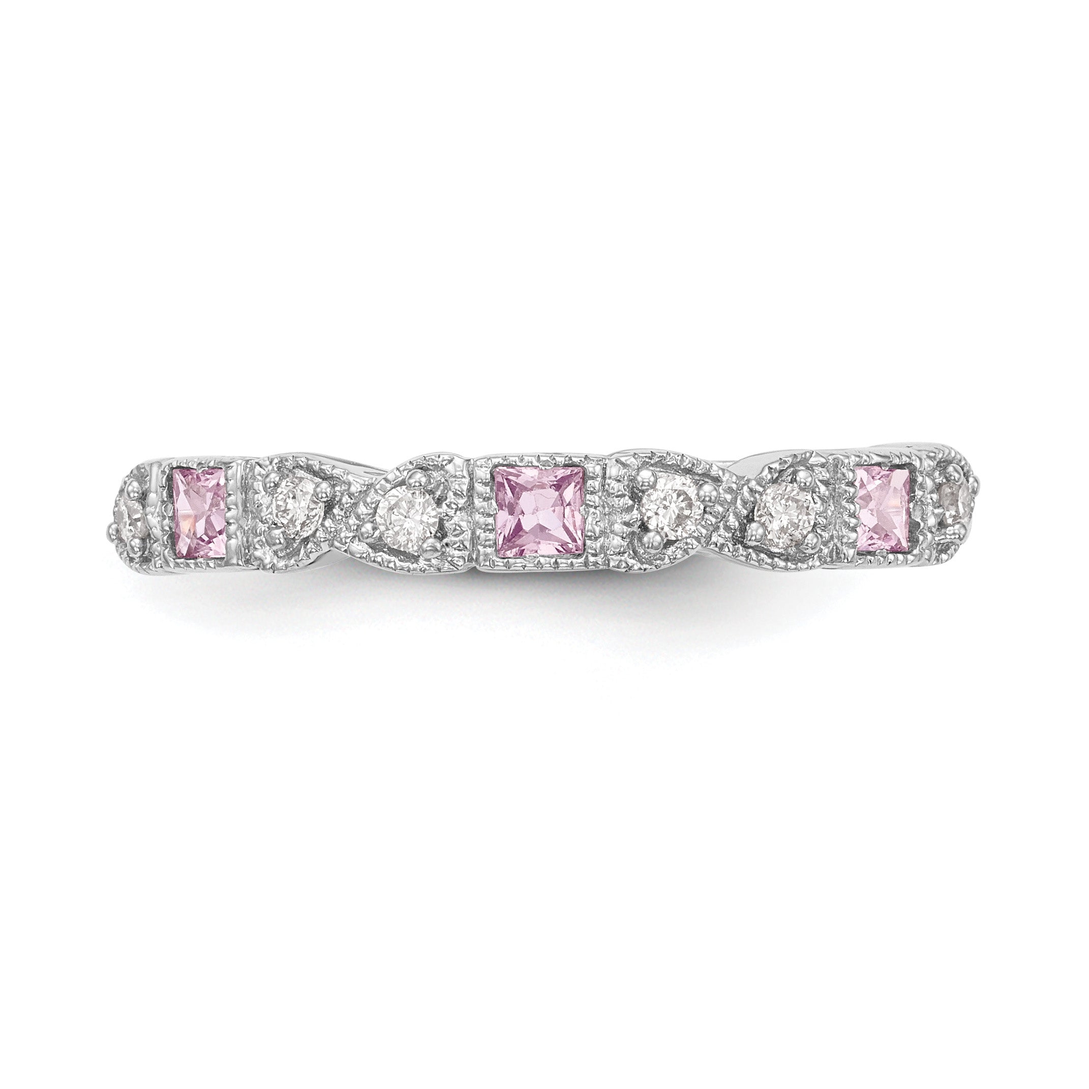 14k White Gold Heart Design 1/10 carat Diamond and Pink Sapphire Complete Band