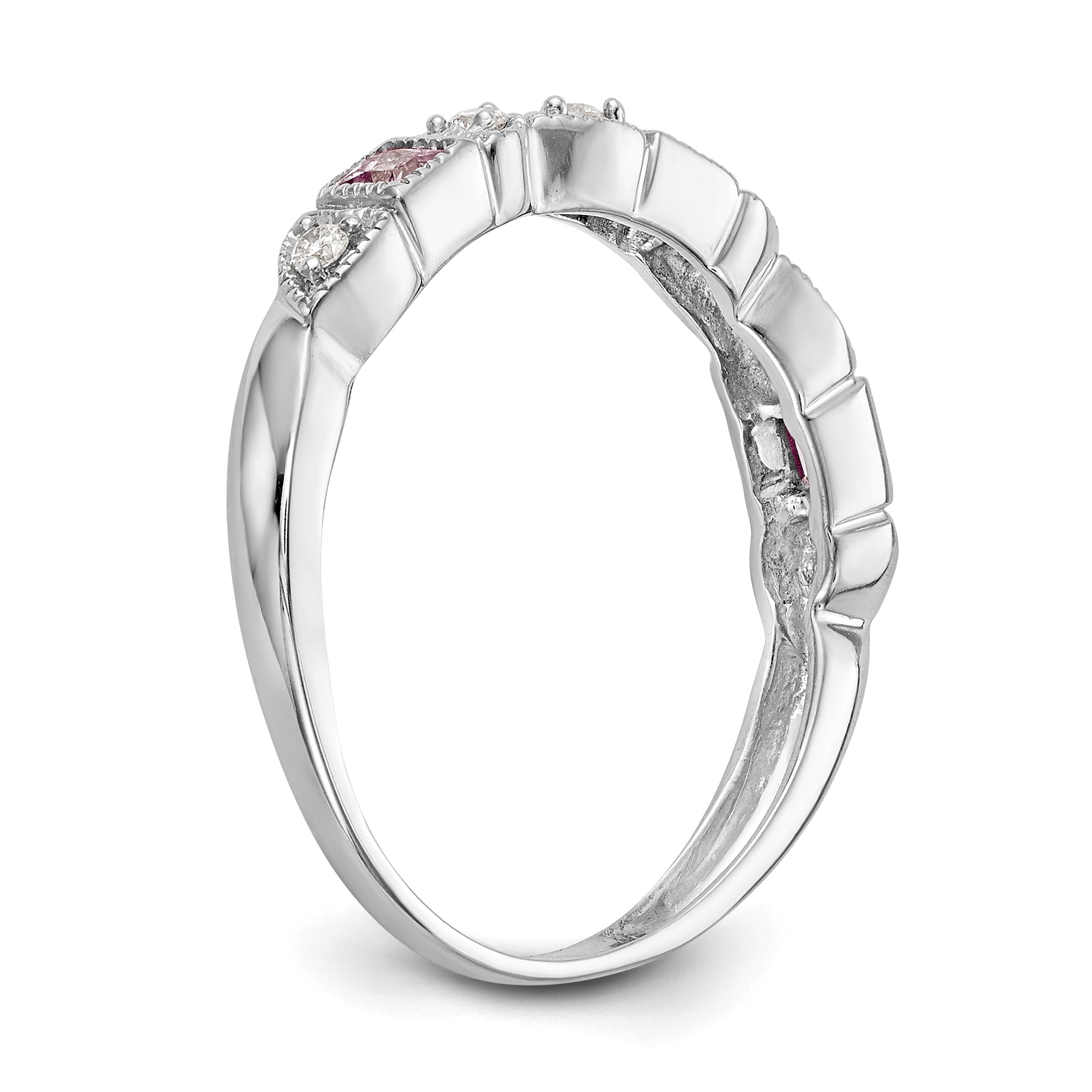 14k White Gold Heart Design 1/10 carat Diamond and Pink Sapphire Complete Band
