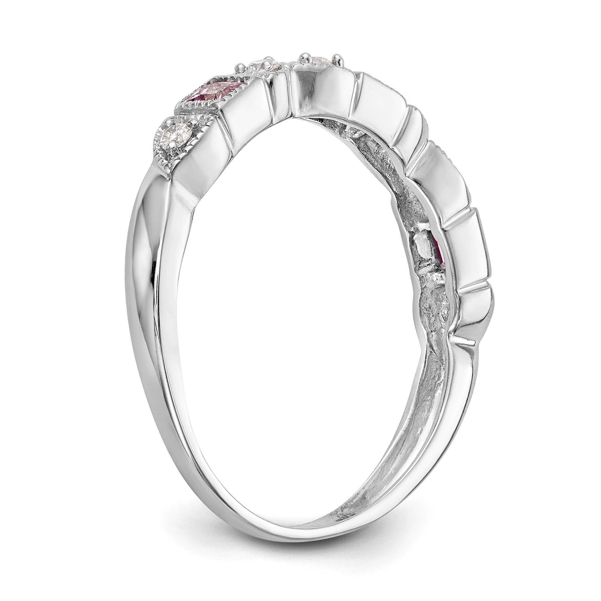 14k White Gold Heart Design 1/10 carat Diamond and Pink Sapphire Complete Band