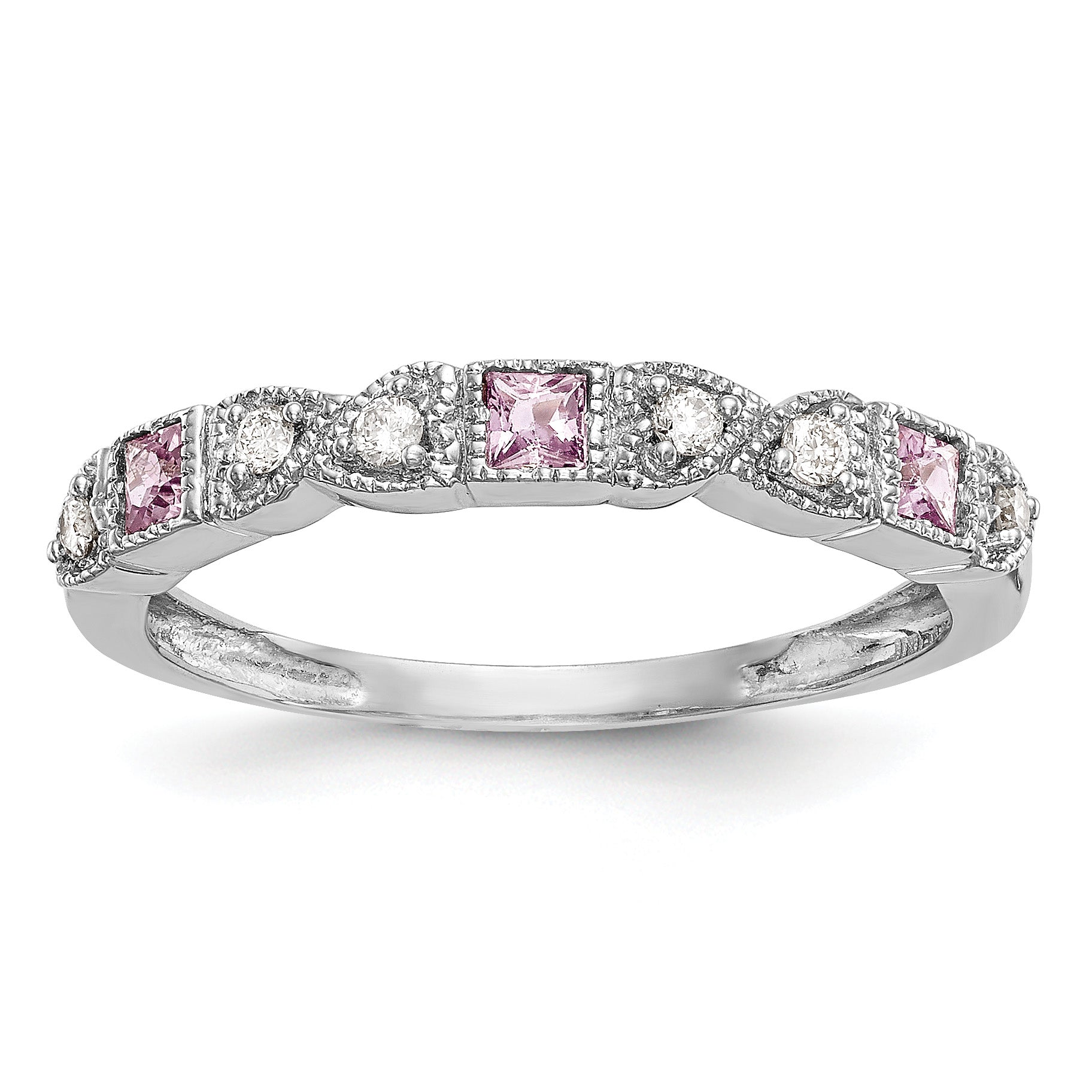14k White Gold Heart Design 1/10 carat Diamond and Pink Sapphire Complete Band Main image