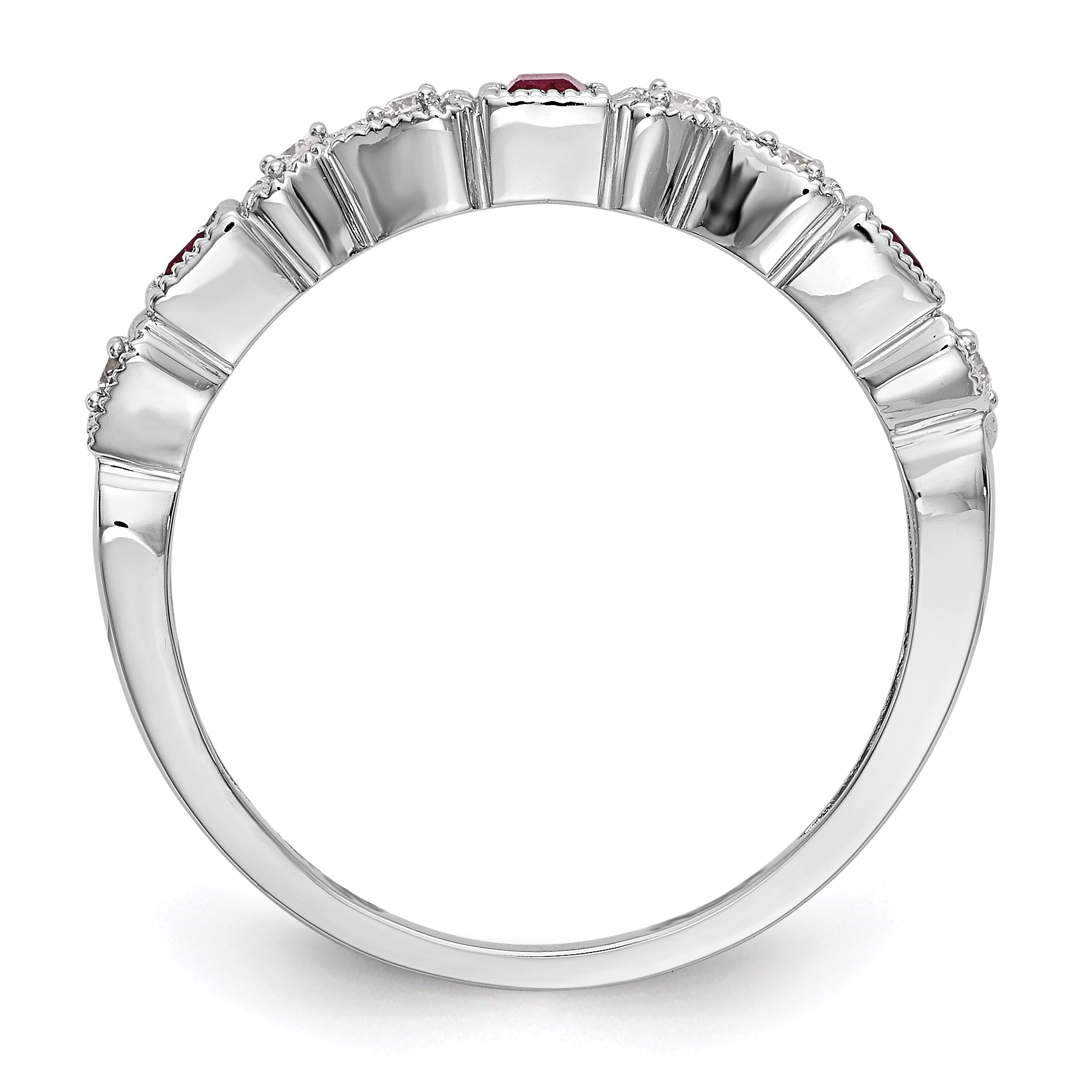 14k White Gold Heart Design 1/10 carat Diamond and Ruby Complete Band
