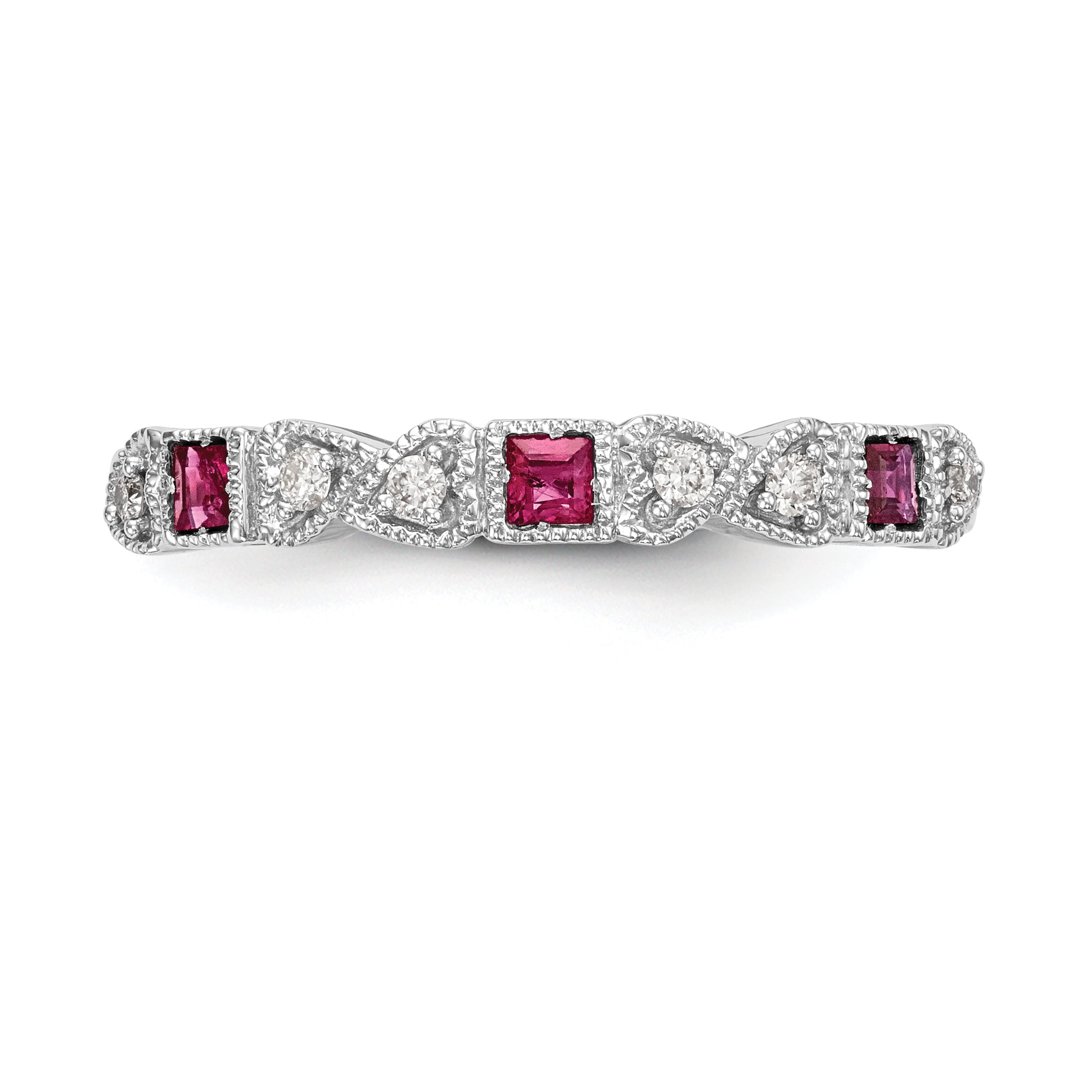 14k White Gold Heart Design 1/10 carat Diamond and Ruby Complete Band