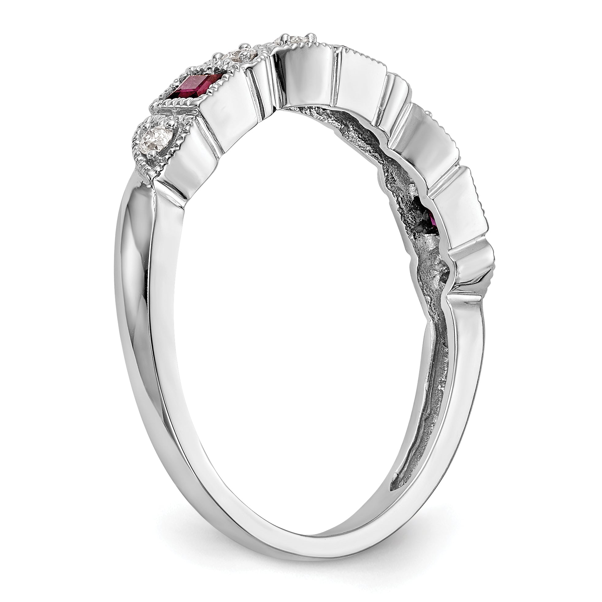 14k White Gold Heart Design 1/10 carat Diamond and Ruby Complete Band