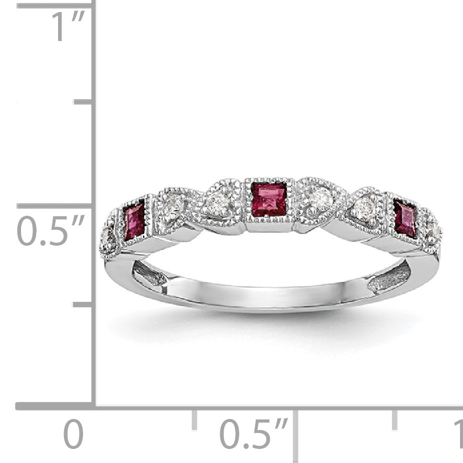 14k White Gold Heart Design 1/10 carat Diamond and Ruby Complete Band