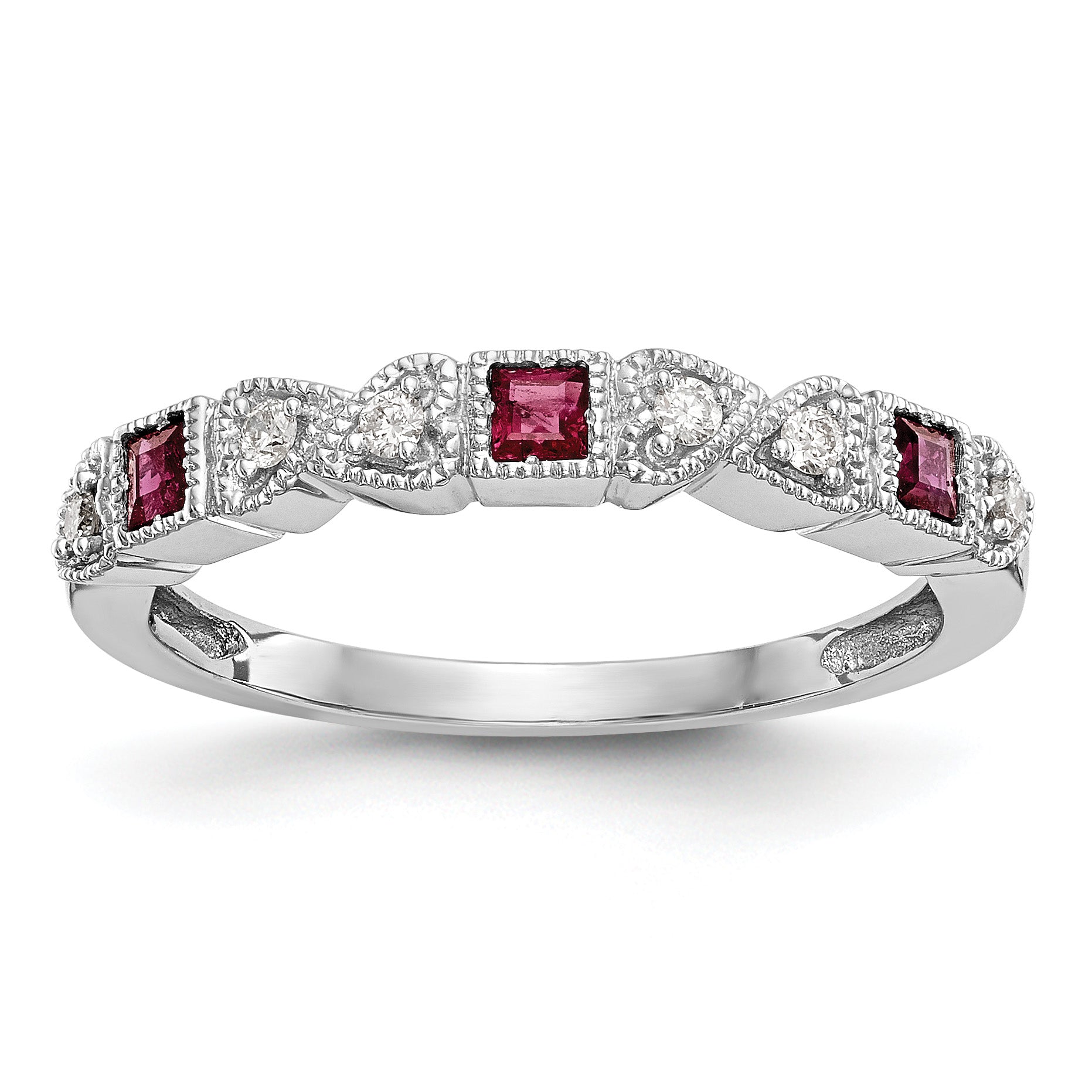 14k White Gold Heart Design 1/10 carat Diamond and Ruby Complete Band Main image