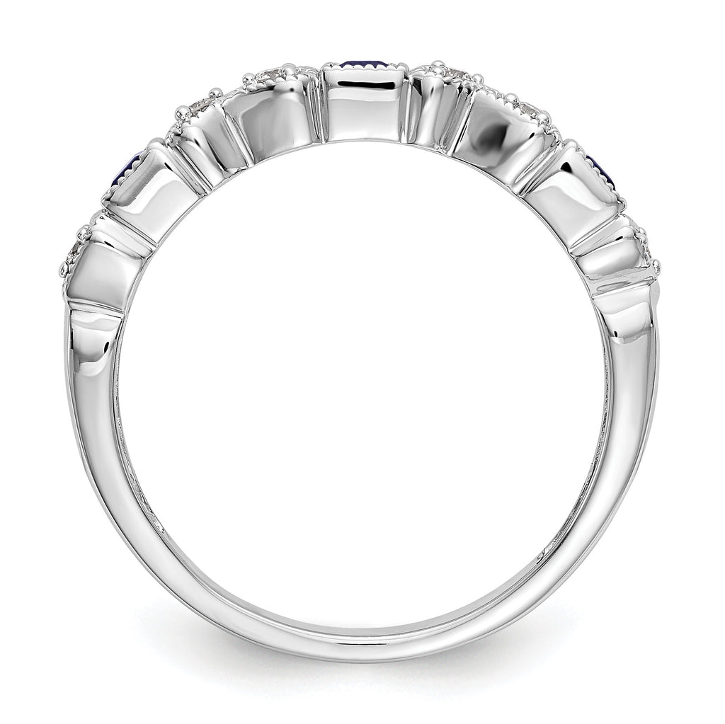 14k White Gold Heart Design 1/10 carat Diamond and Blue PrinceSterling Silver Sapphire Complete Band