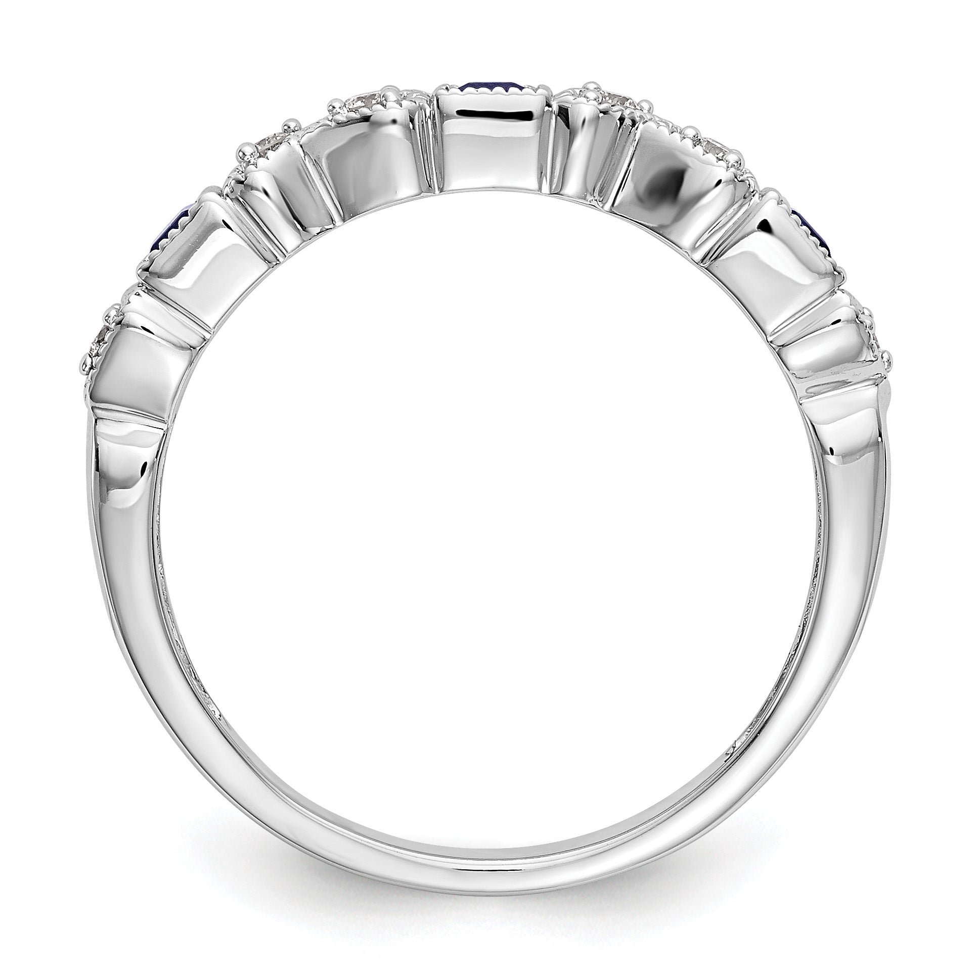 14k White Gold Heart Design 1/10 carat Diamond and Blue PrinceSterling Silver Sapphire Complete Band
