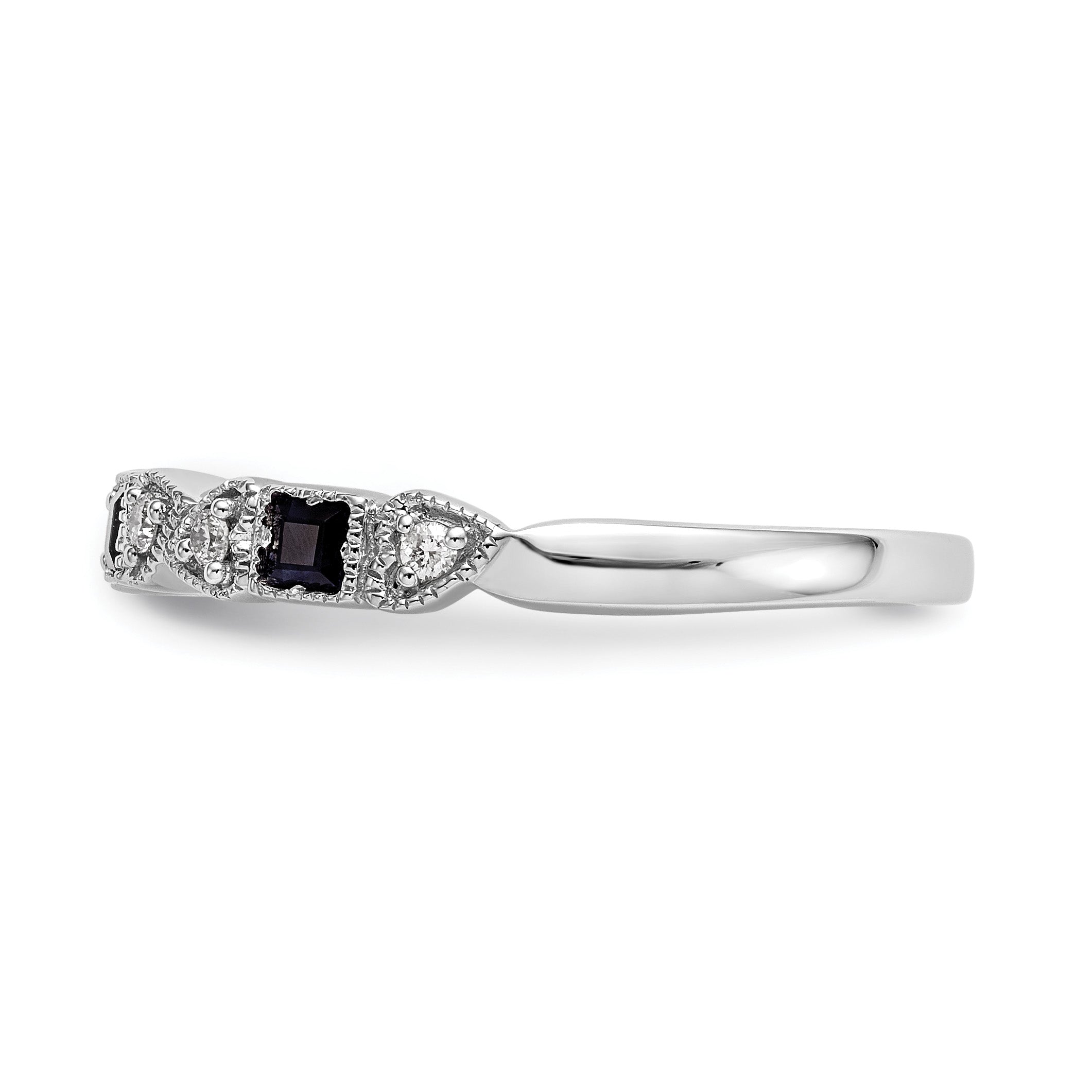 14k White Gold Heart Design 1/10 carat Diamond and Blue PrinceSterling Silver Sapphire Complete Band