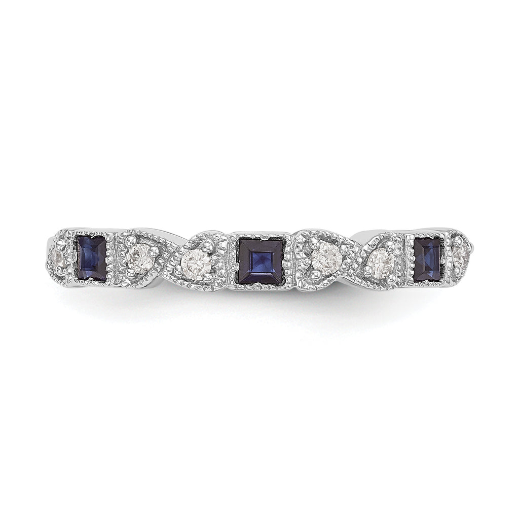 14k White Gold Heart Design 1/10 carat Diamond and Blue PrinceSterling Silver Sapphire Complete Band