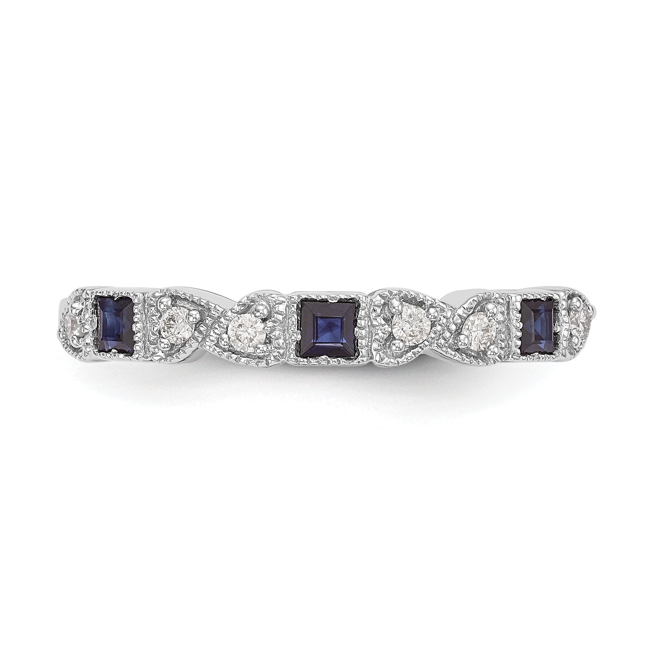14k White Gold Heart Design 1/10 carat Diamond and Blue PrinceSterling Silver Sapphire Complete Band