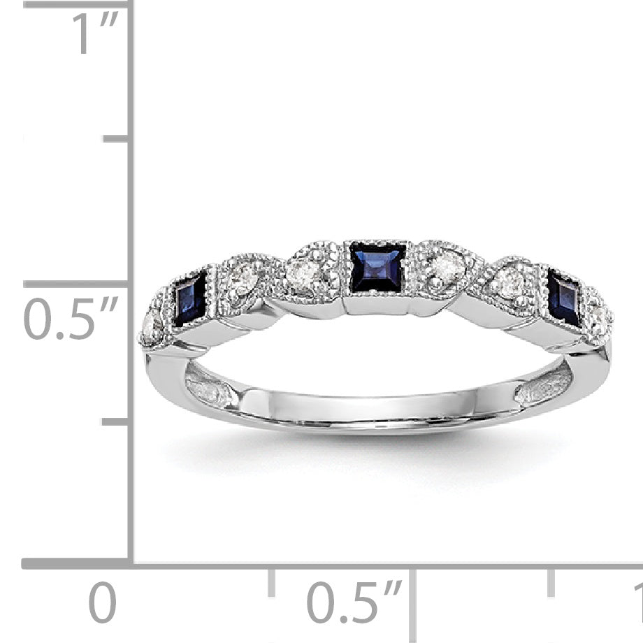 14k White Gold Heart Design 1/10 carat Diamond and Blue PrinceSterling Silver Sapphire Complete Band
