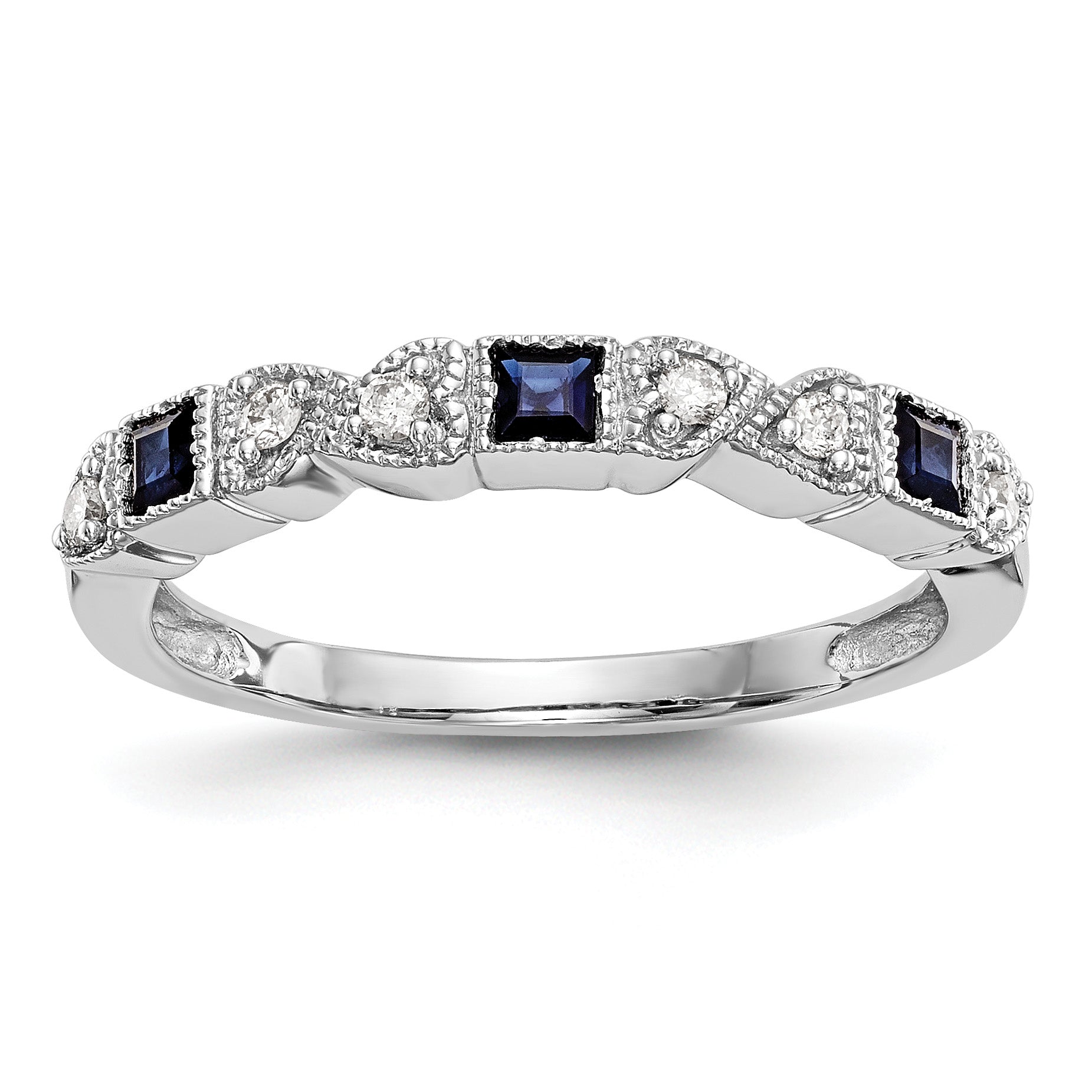 14k White Gold Heart Design 1/10 carat Diamond and Blue PrinceSterling Silver Sapphire Complete Band Main image