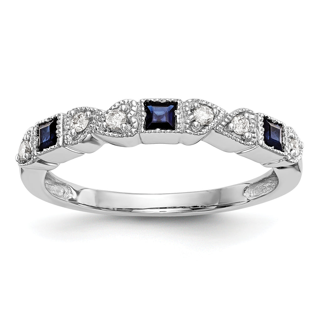 14k White Gold Heart Design 1/10 carat Diamond and Blue PrinceSterling Silver Sapphire Complete Band