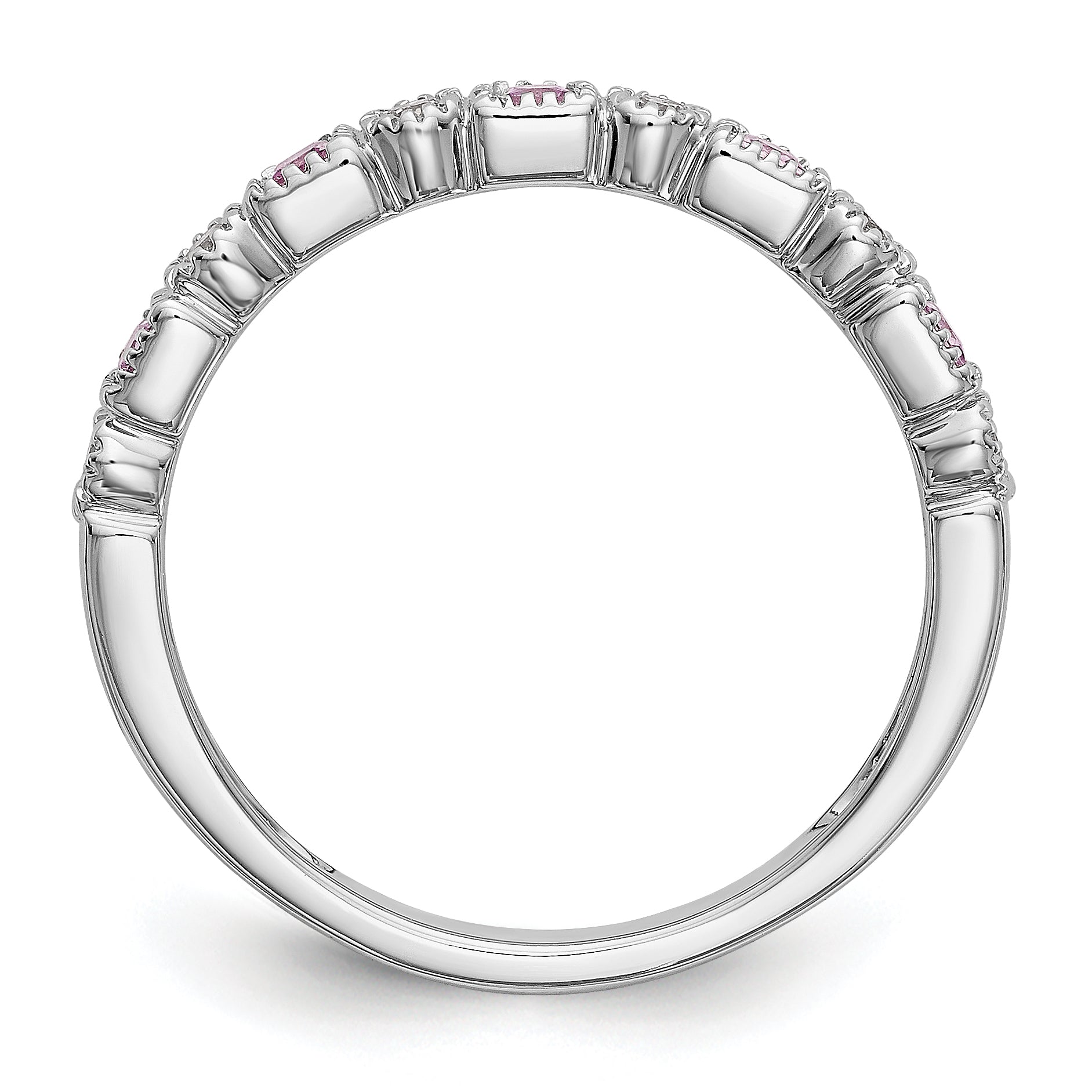 14k White Gold 1/10 carat Diamond and Pink Sapphire Complete Band