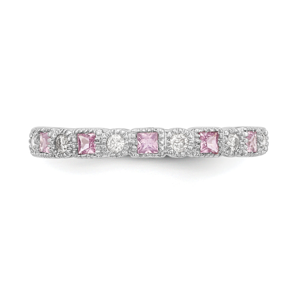 14k White Gold 1/10 carat Diamond and Pink Sapphire Complete Band