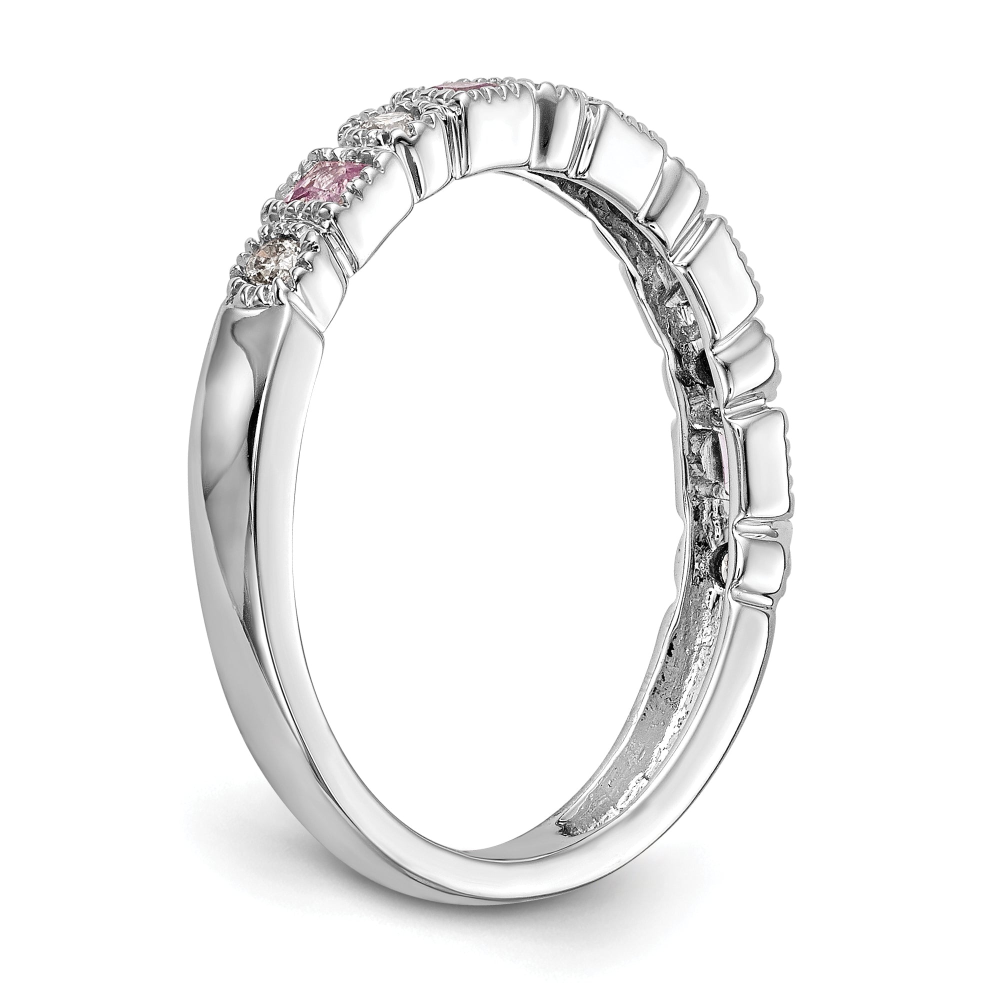 14k White Gold 1/10 carat Diamond and Pink Sapphire Complete Band