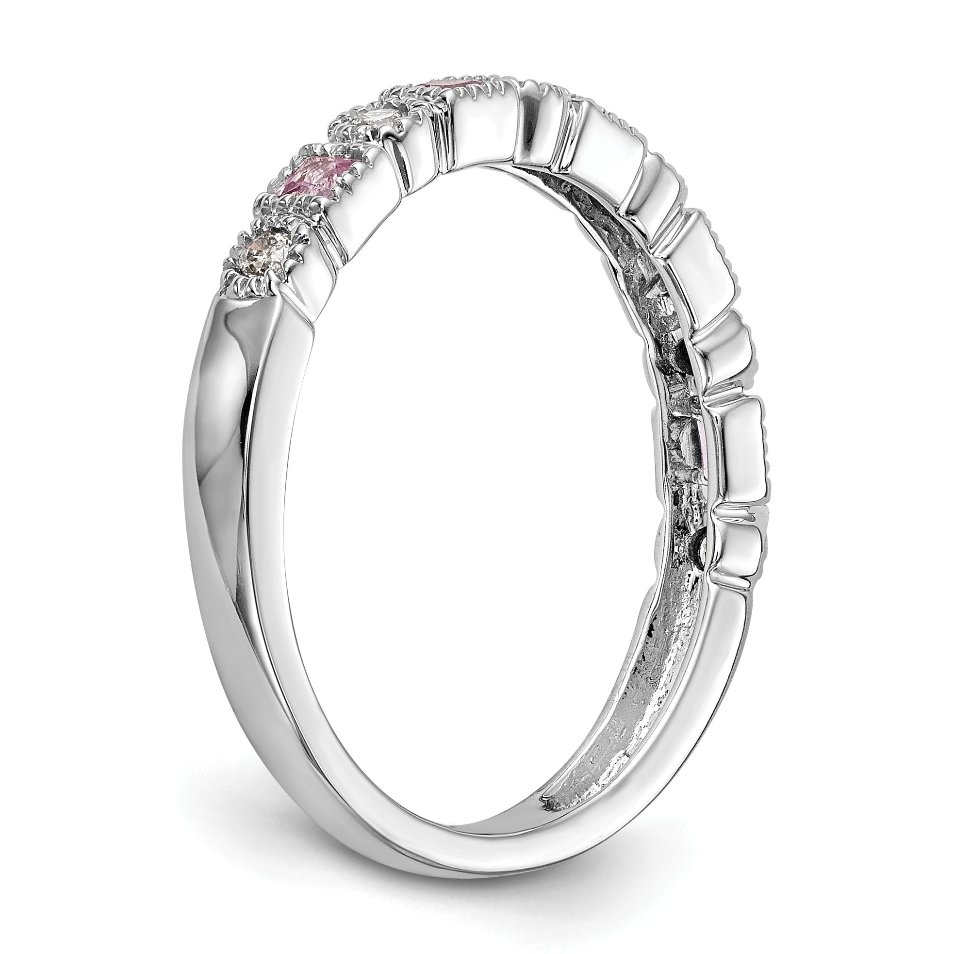 14k White Gold 1/10 carat Diamond and Pink Sapphire Complete Band