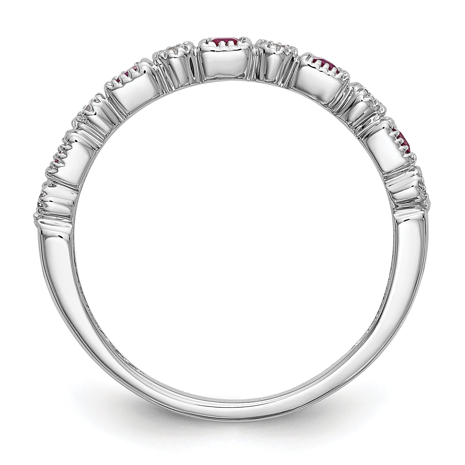 14k White Gold 1/10 carat Diamond and Ruby Complete Band