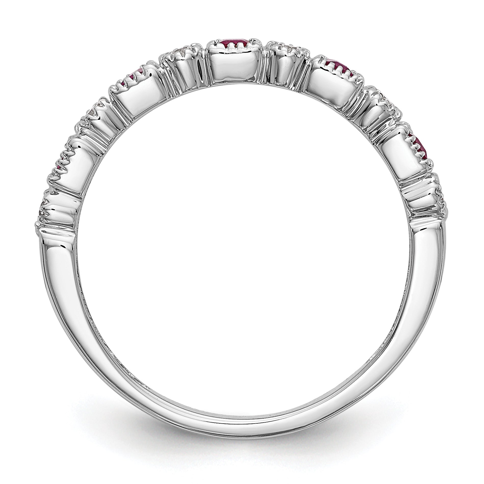 14k White Gold 1/10 carat Diamond and Ruby Complete Band