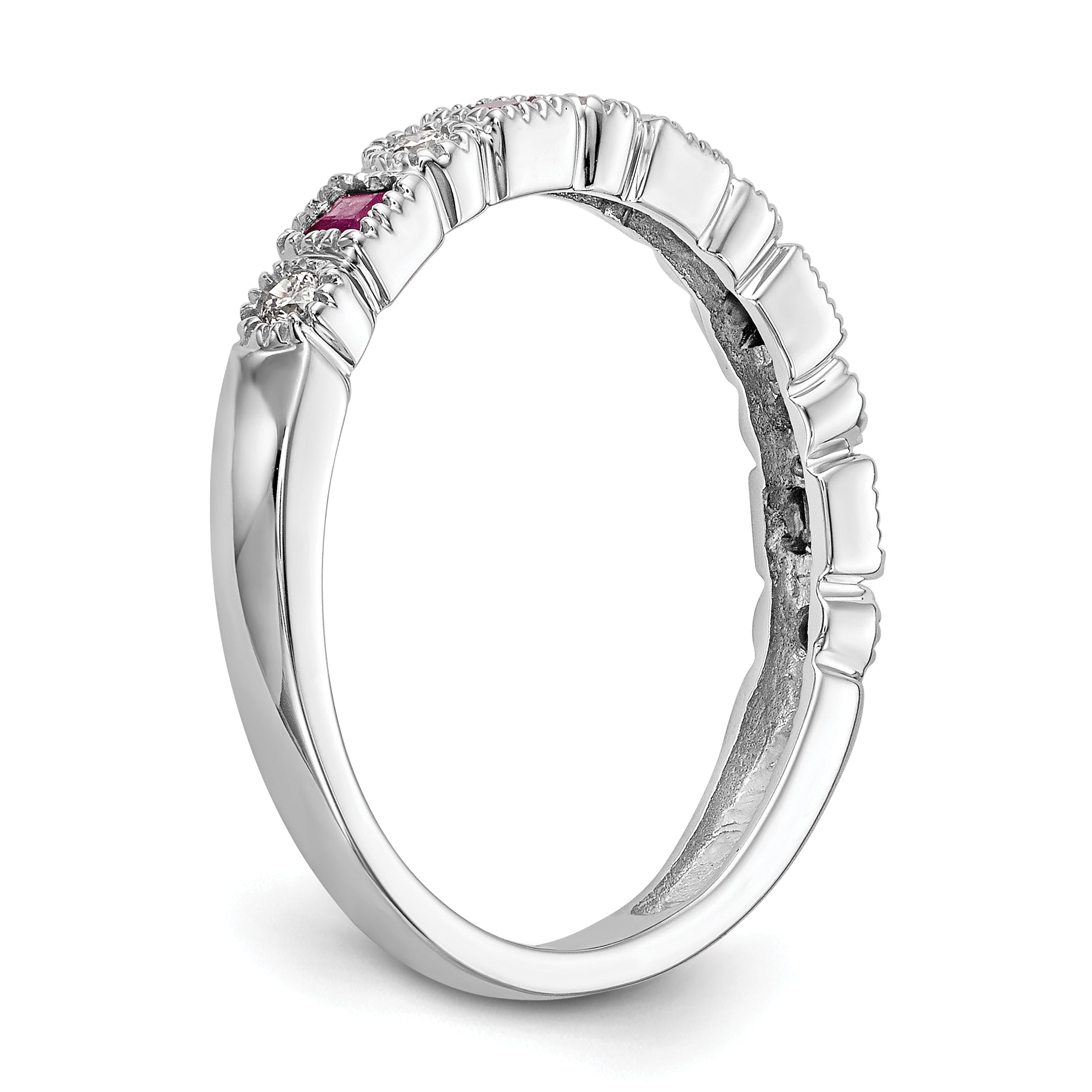 14k White Gold 1/10 carat Diamond and Ruby Complete Band