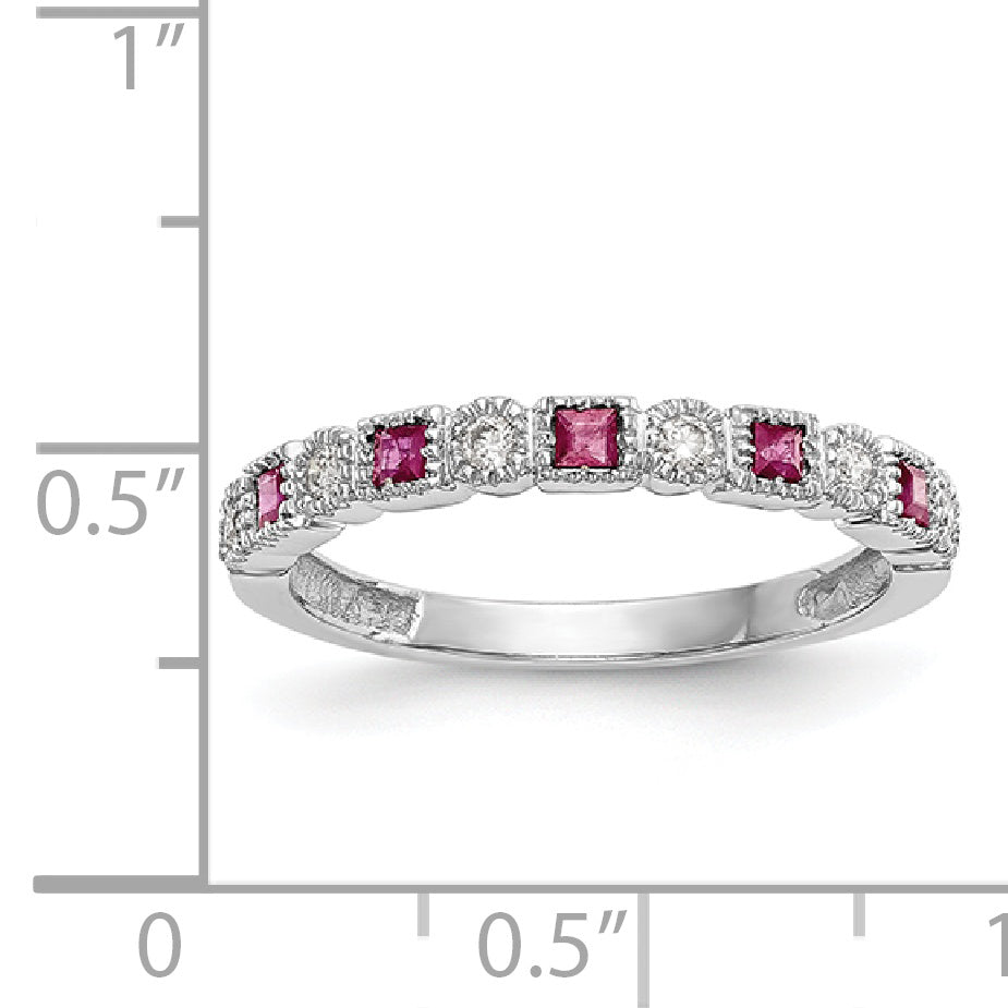 14k White Gold 1/10 carat Diamond and Ruby Complete Band