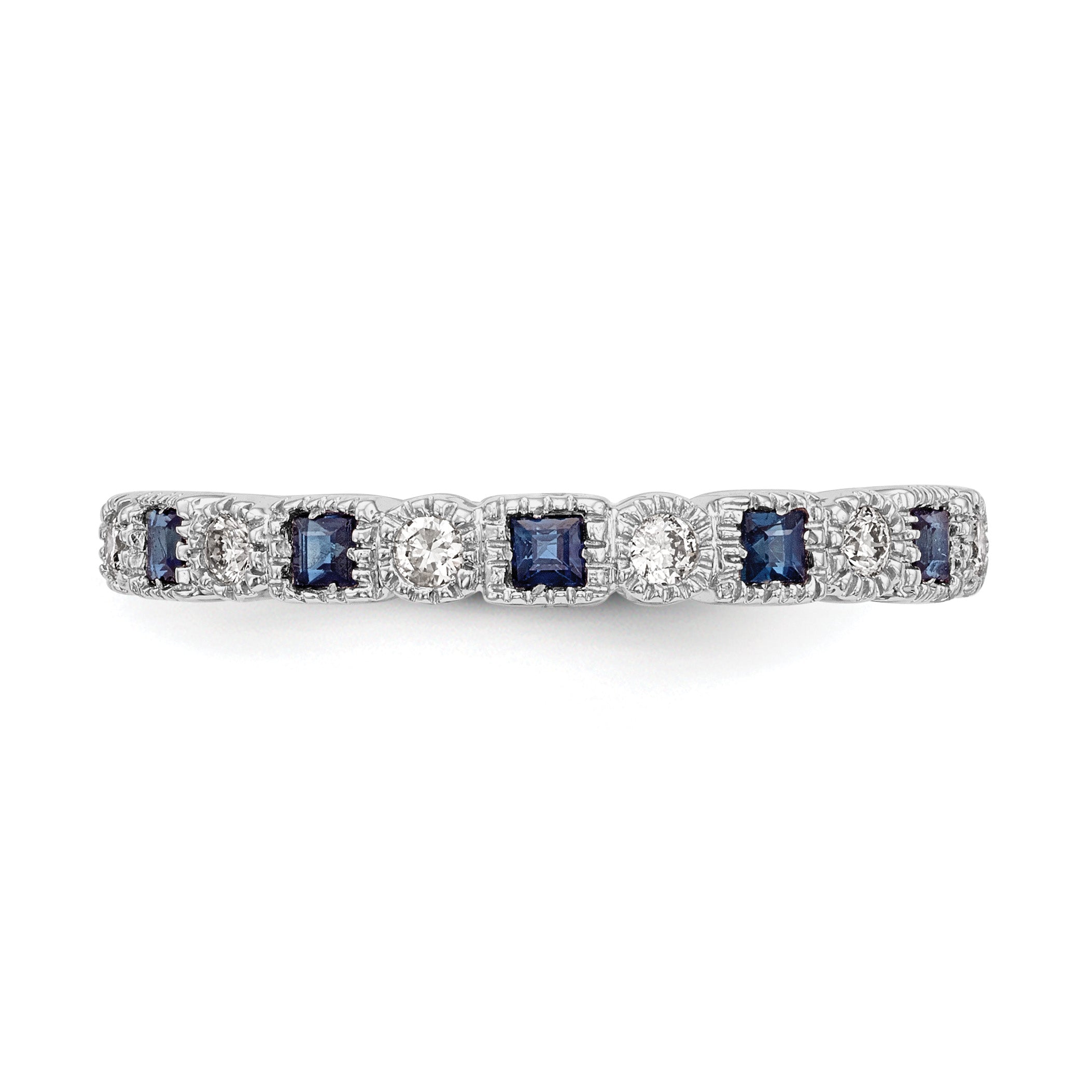14k White Gold 1/10 carat Diamond and Blue PrinceSterling Silver Sapphire Complete Band