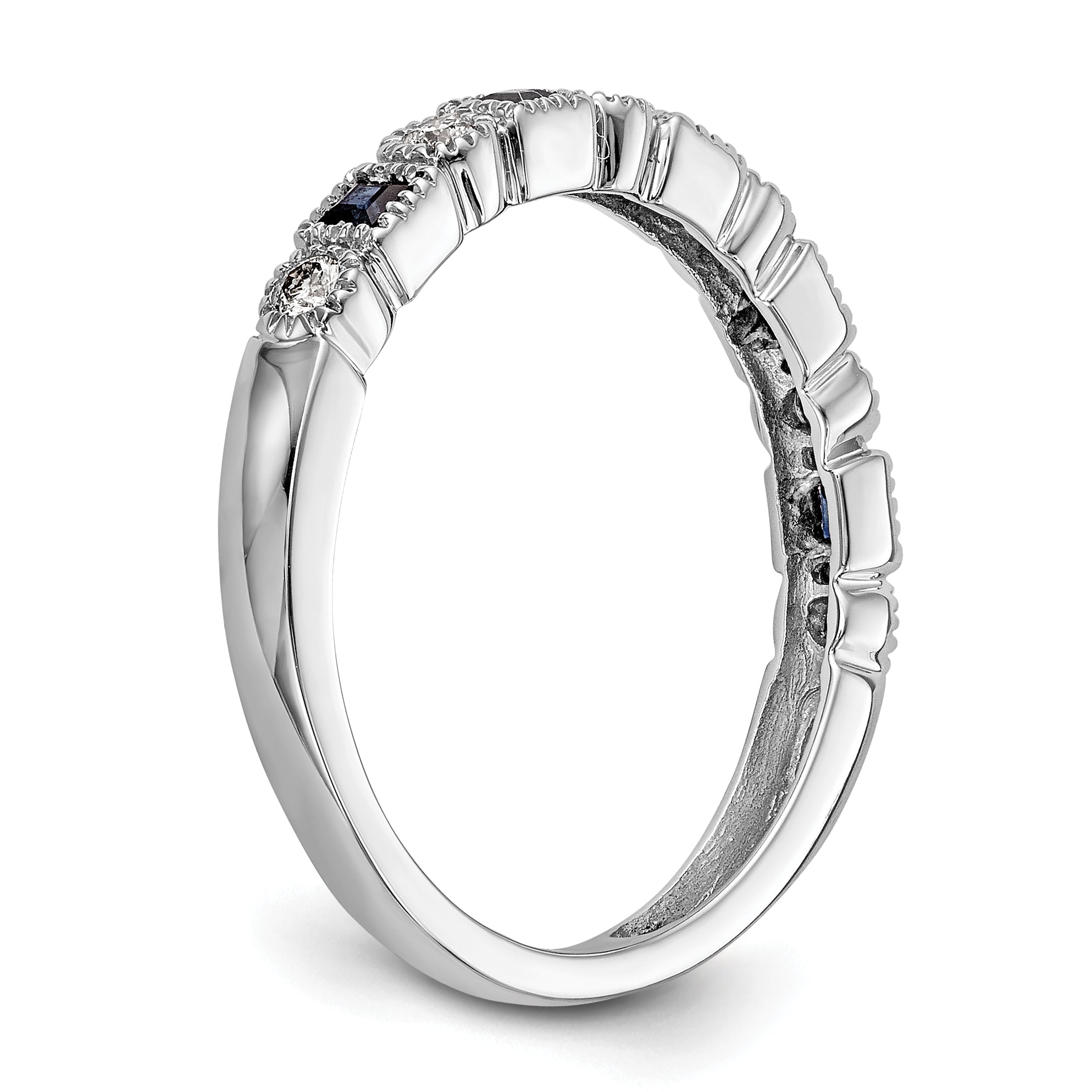 14k White Gold 1/10 carat Diamond and Blue Sapphire Complete Band