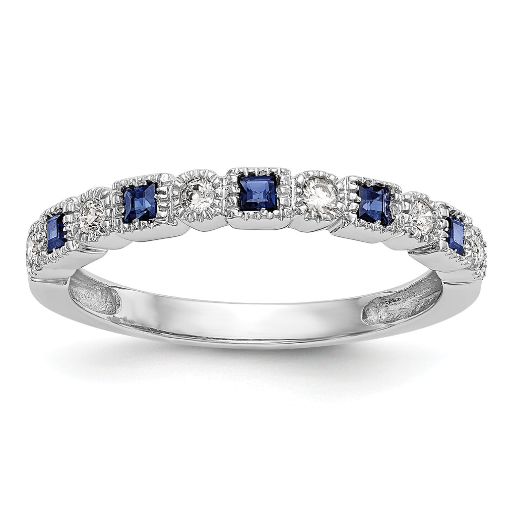 14k White Gold 1/10 carat Diamond and Blue PrinceSterling Silver Sapphire Complete Band