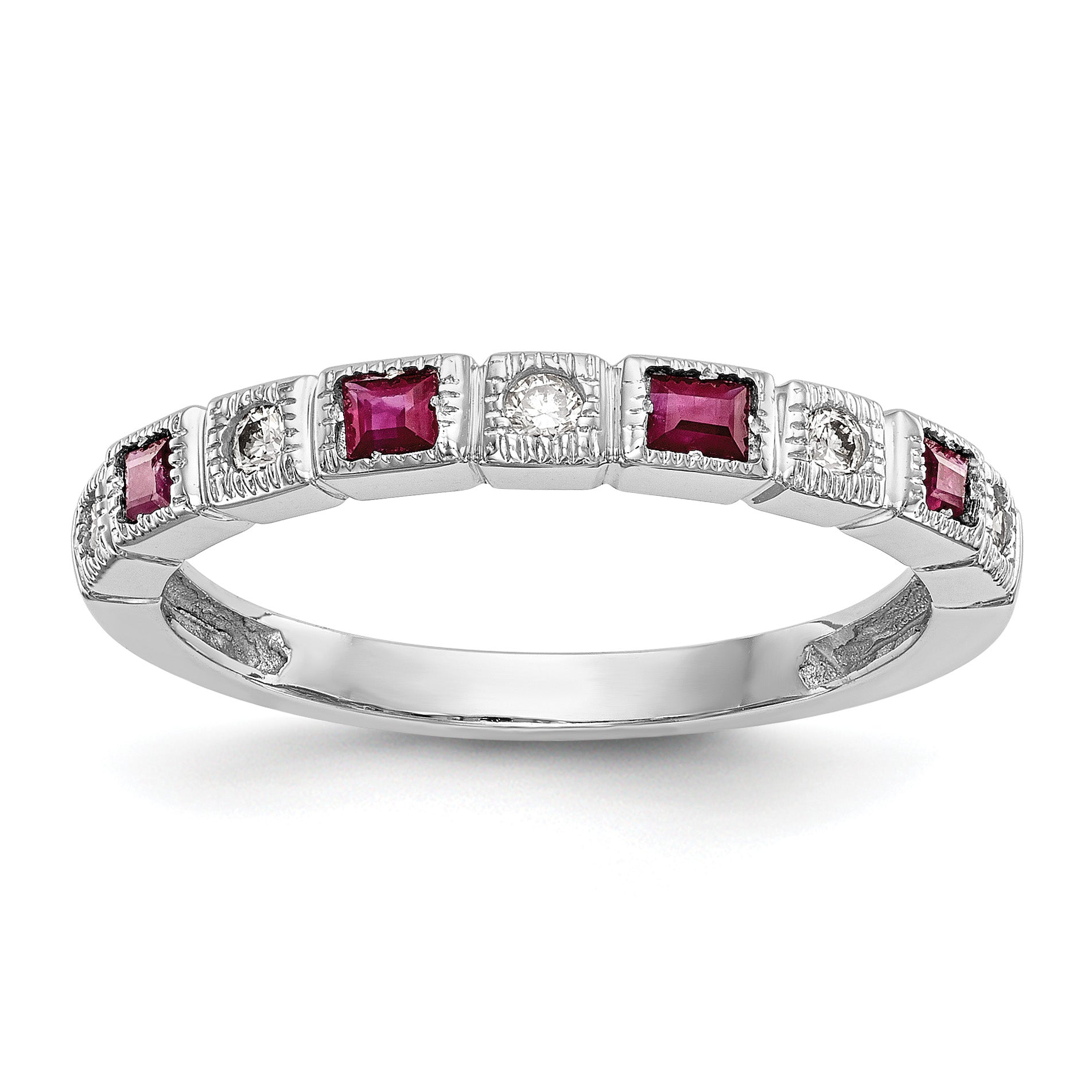 14k White Gold 1/10 carat Diamond and Ruby Complete Band