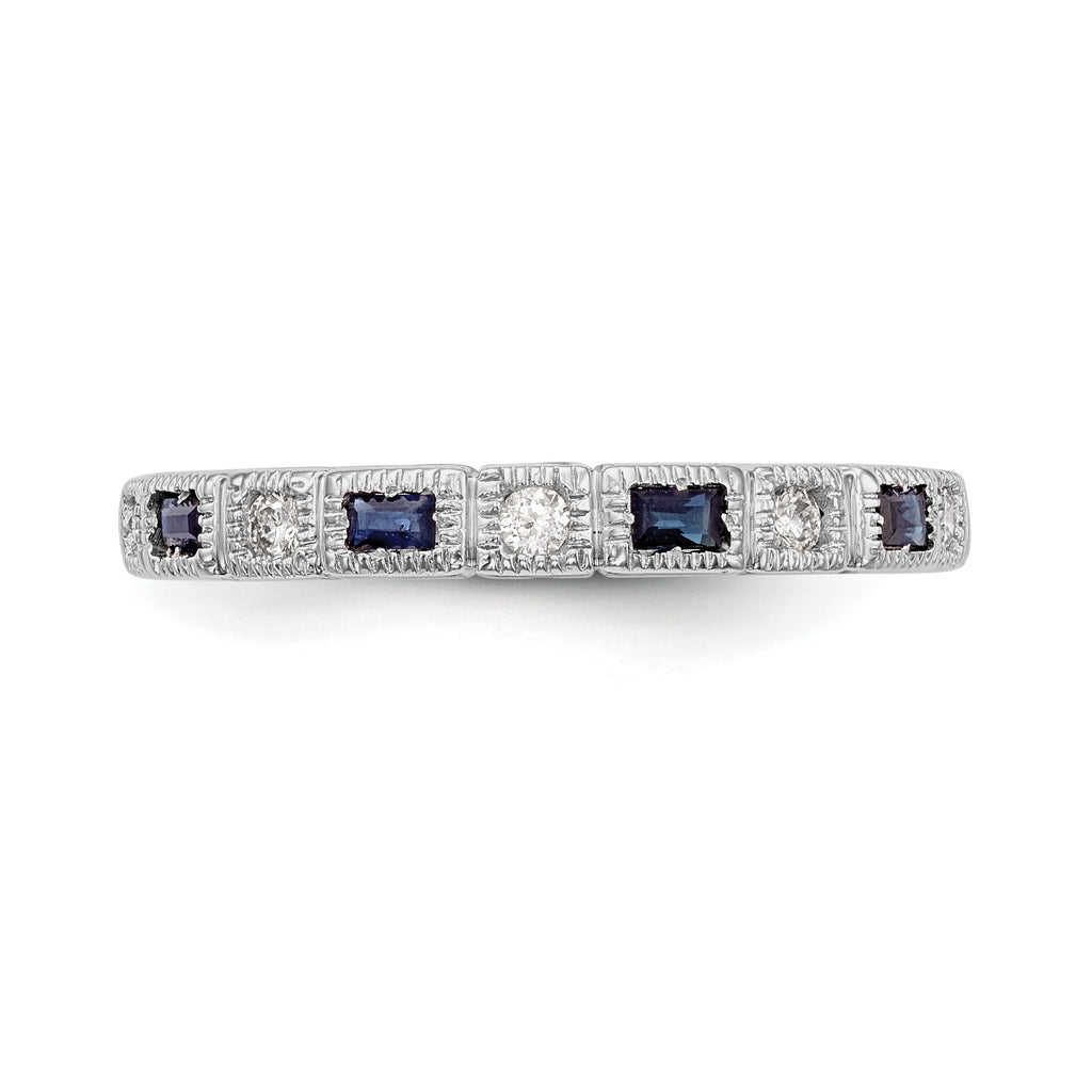 14k White Gold 1/10 carat Diamond and Blue Sapphire Baguette Complete Band