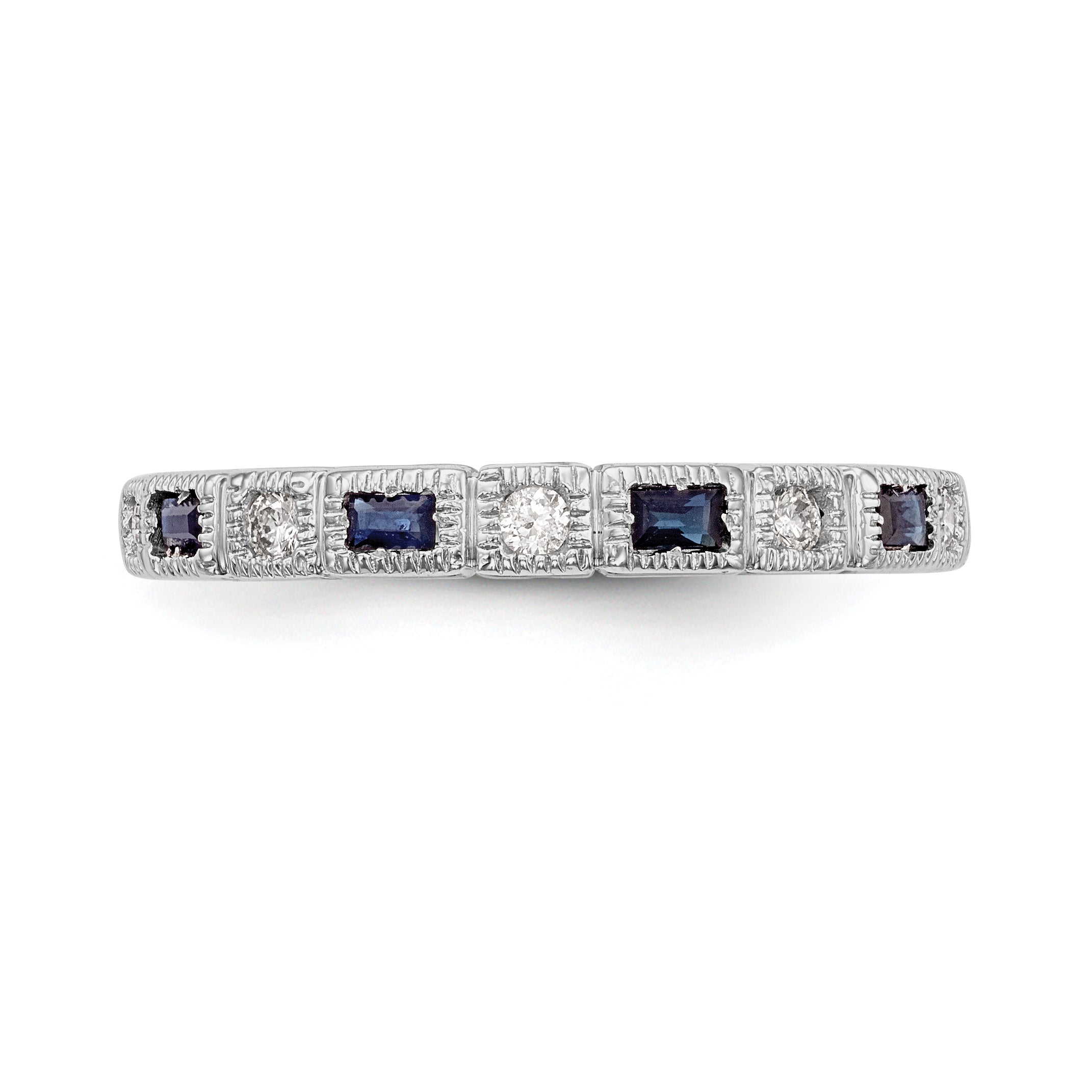 14k White Gold 1/10 carat Diamond and Blue Sapphire Baguette Complete Band