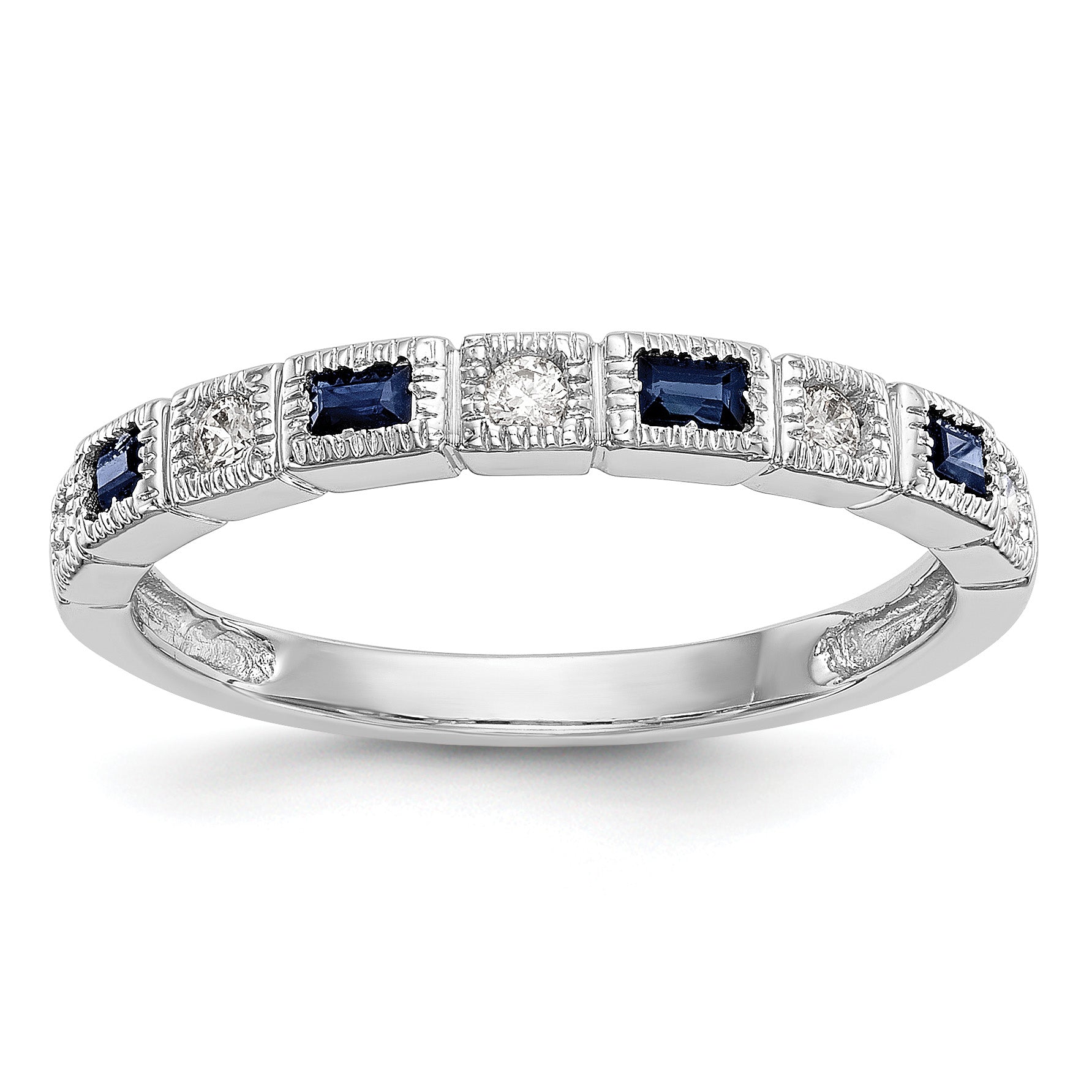 14k White Gold 1/10 carat Diamond and Blue Sapphire Baguette Complete Band Main image