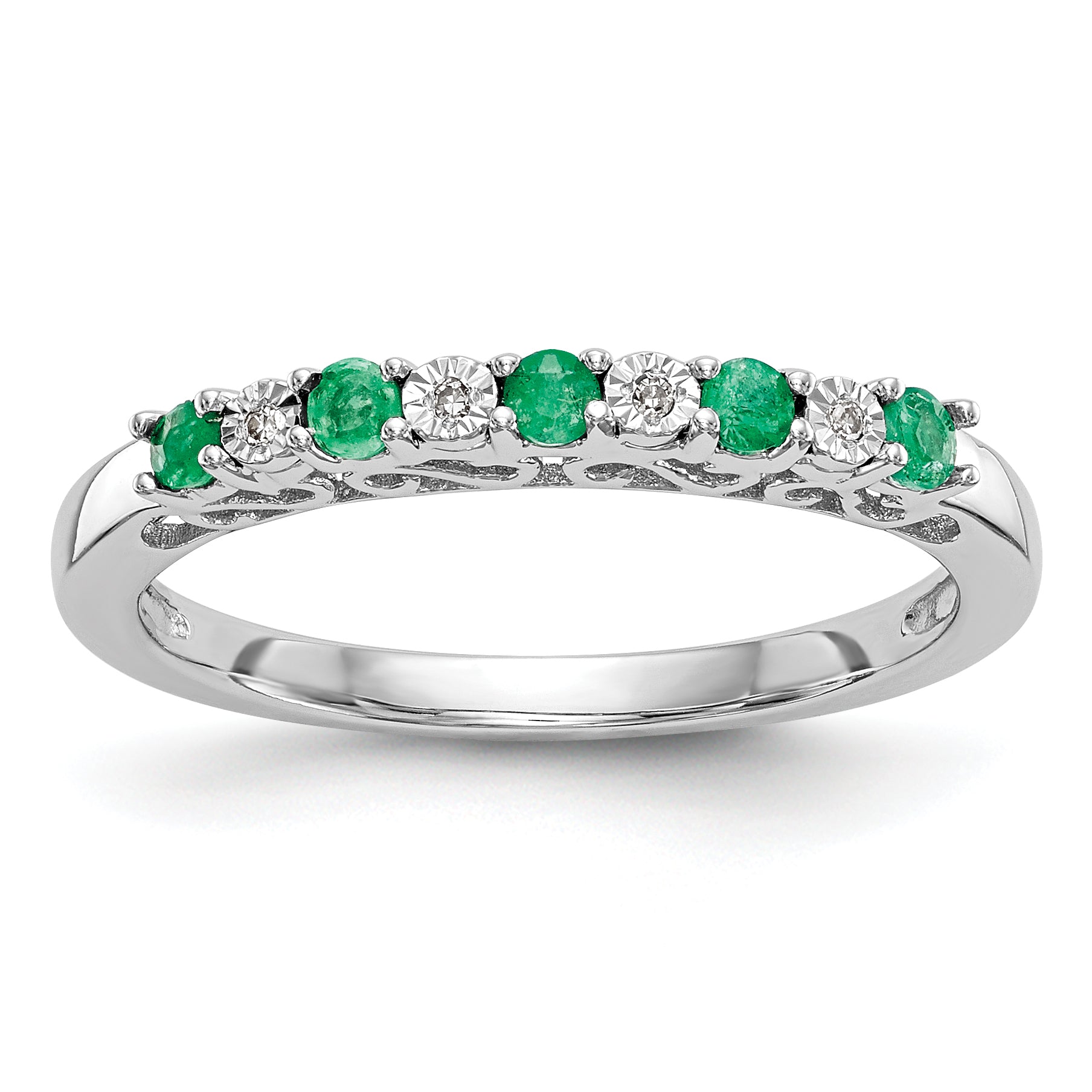 14k White Gold .01 carat Diamond and Emerald Complete Band Main image