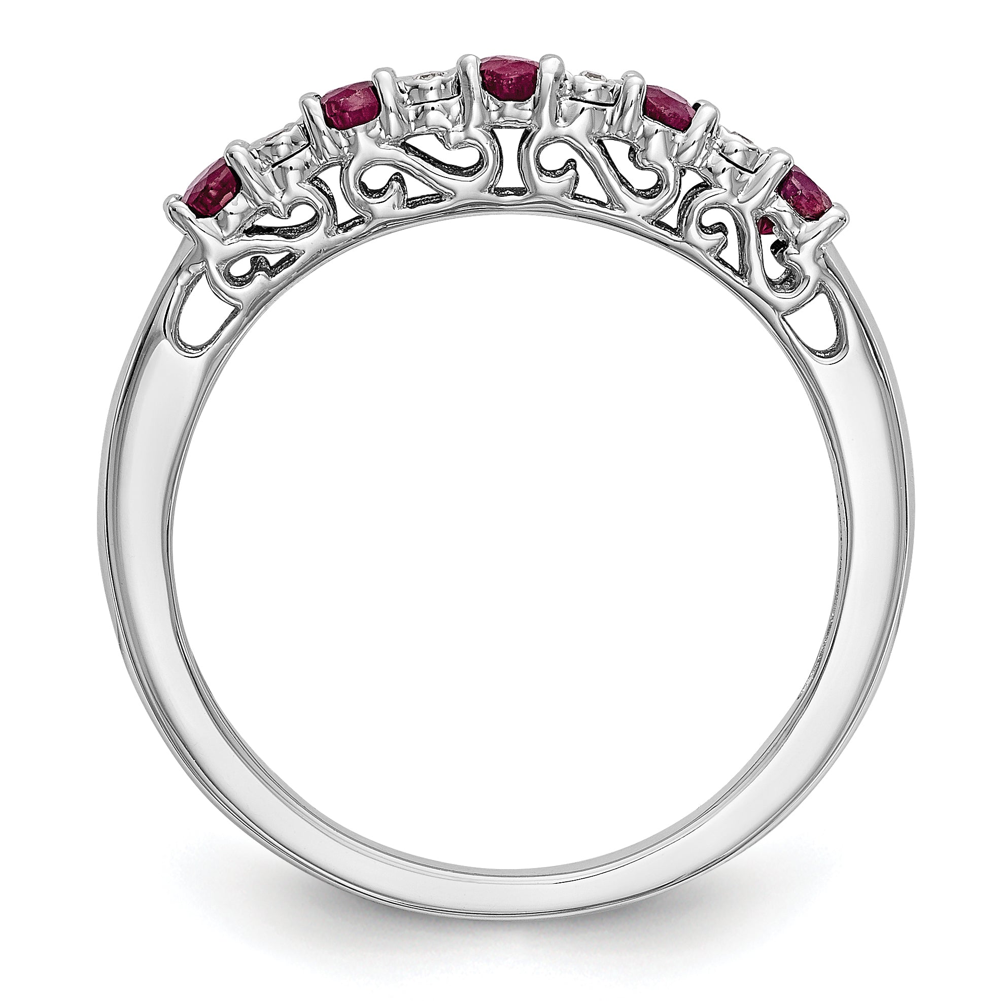 14k White Gold .01 carat Diamond and Ruby Complete Band