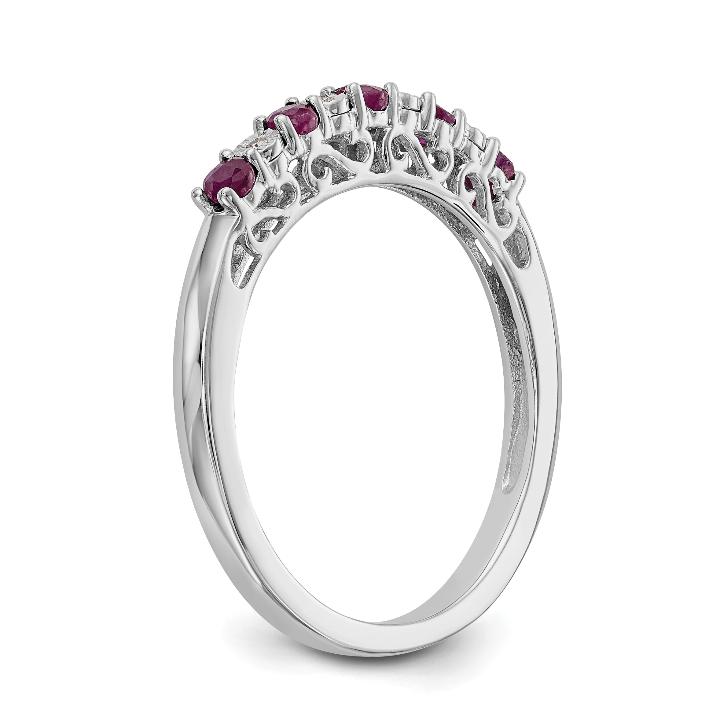 14k White Gold .01 carat Diamond and Ruby Complete Band
