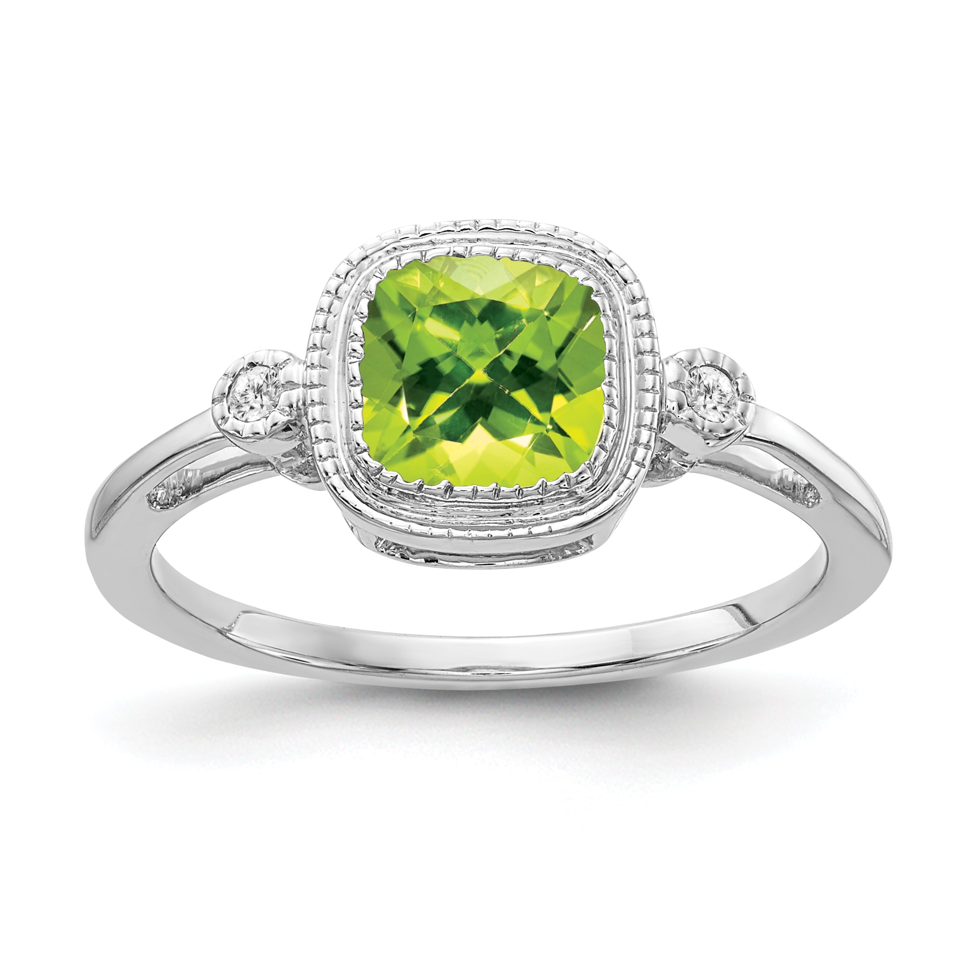14k White Gold Cushion Peridot and Diamond Ring Main image