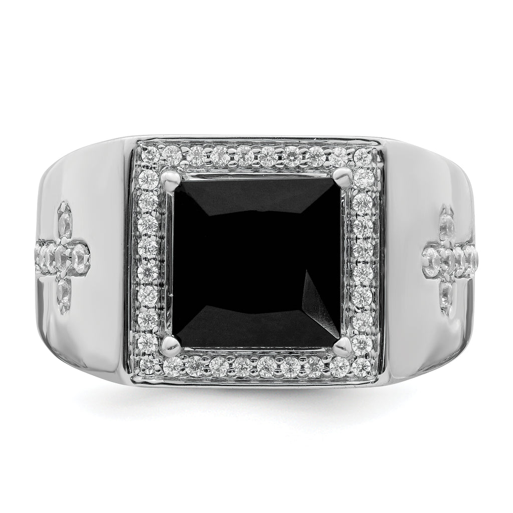 14k White Gold Onyx and Diamond Cross Mens Ring