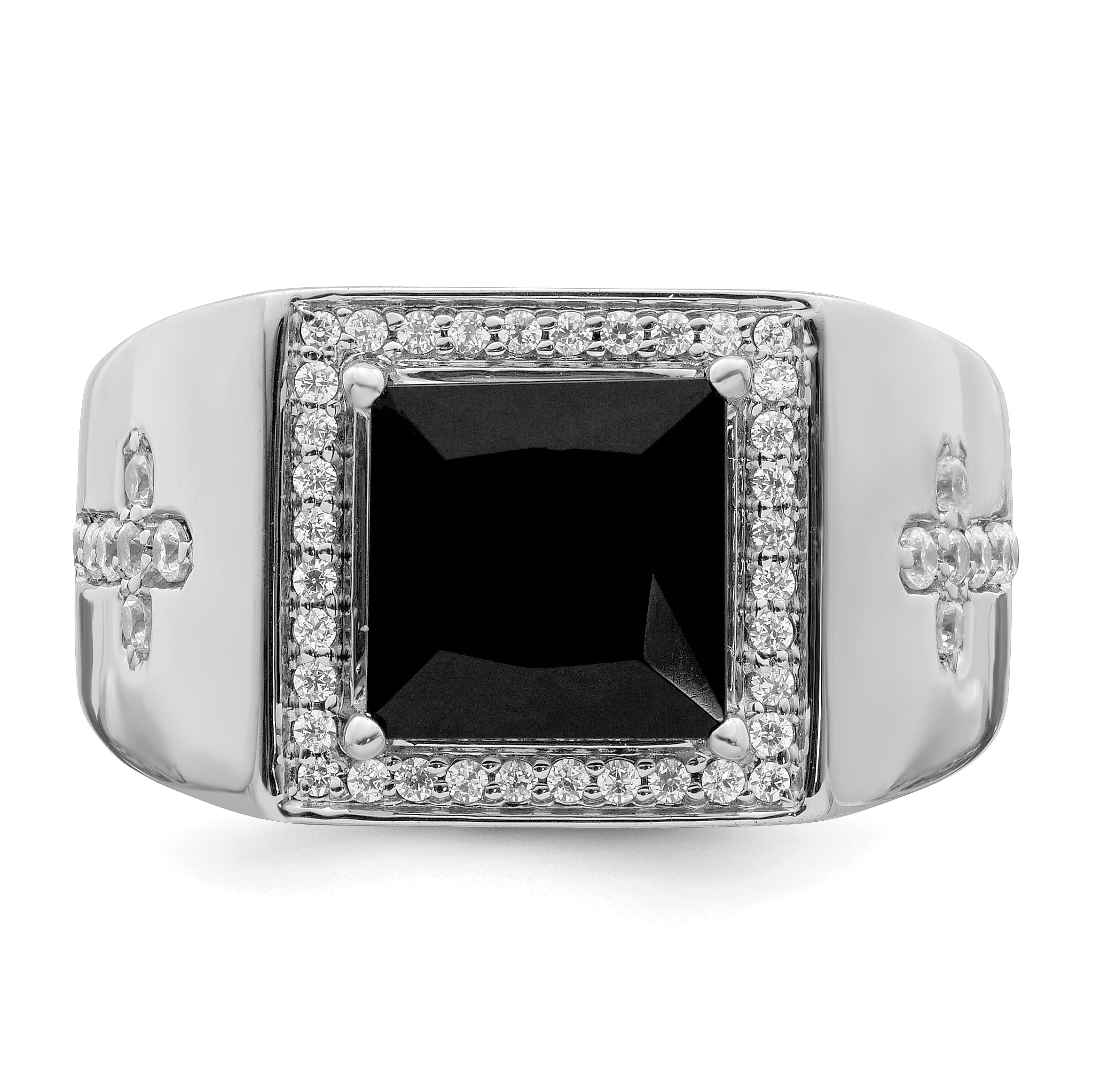 14k White Gold Onyx and Diamond Cross Mens Ring