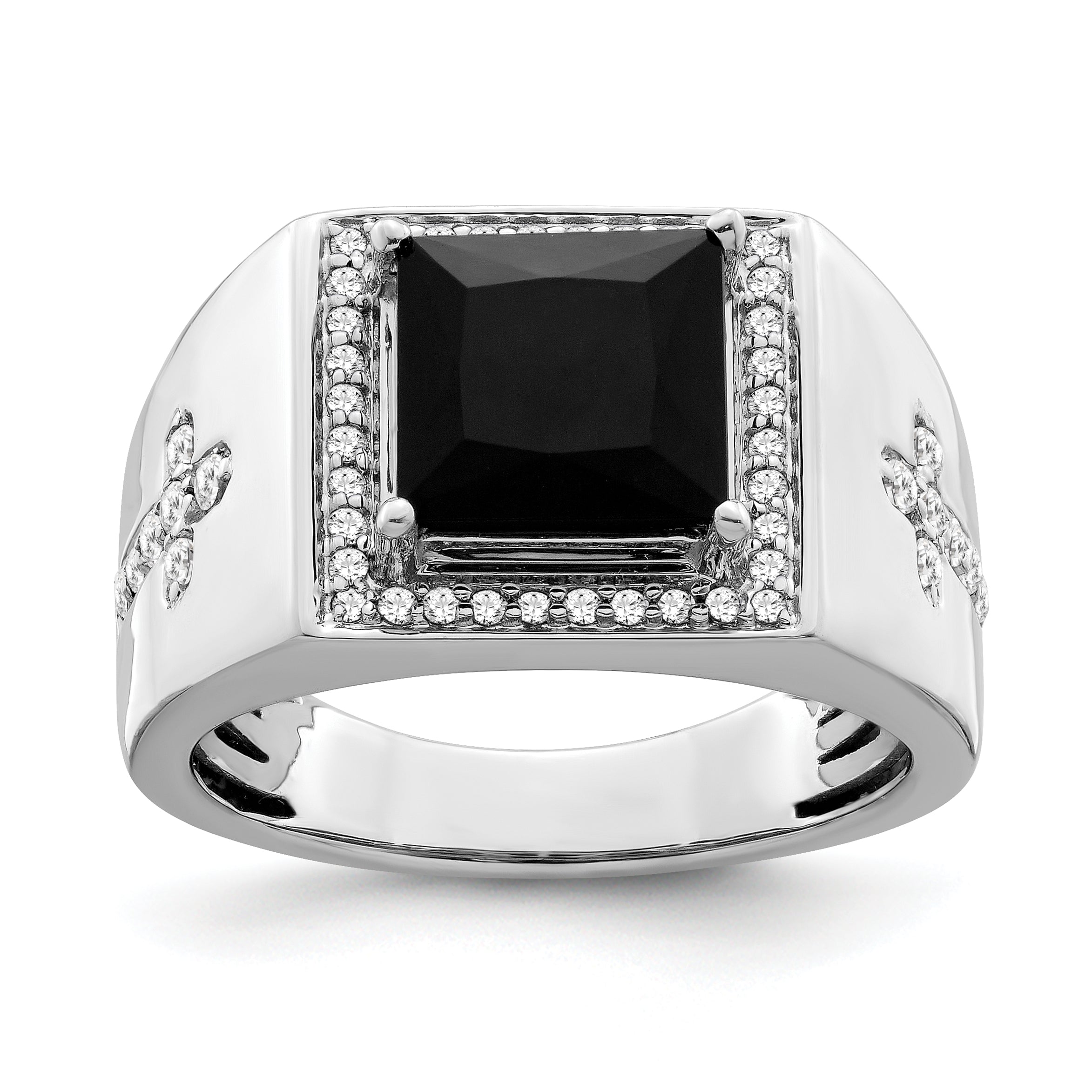 14k White Gold Onyx and Diamond Cross Mens Ring Main image