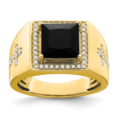 Men's Onyx and Lab-Grown Diamond Side Cross Ring in 14K Yellow Gold (1/2 ct. tw.), Size 10 - Sophia Jewelers Main image