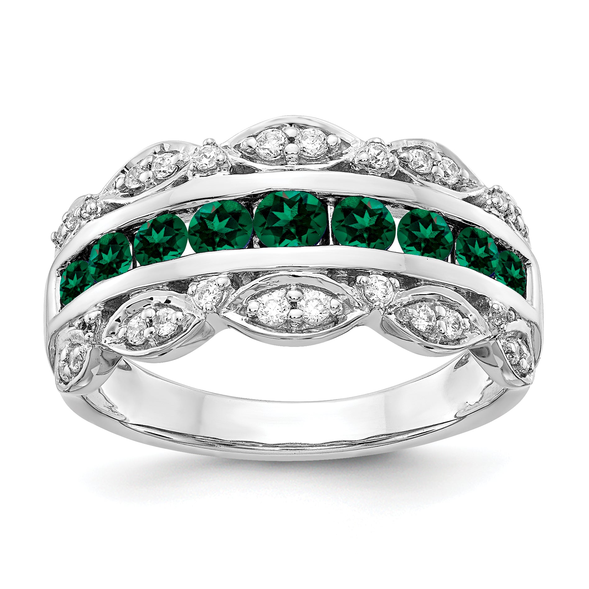14k White Gold 1/5 carat Lab Grown Diamond VS/SI+ G+ and Lab Created Emerald Complete Fancy Ring