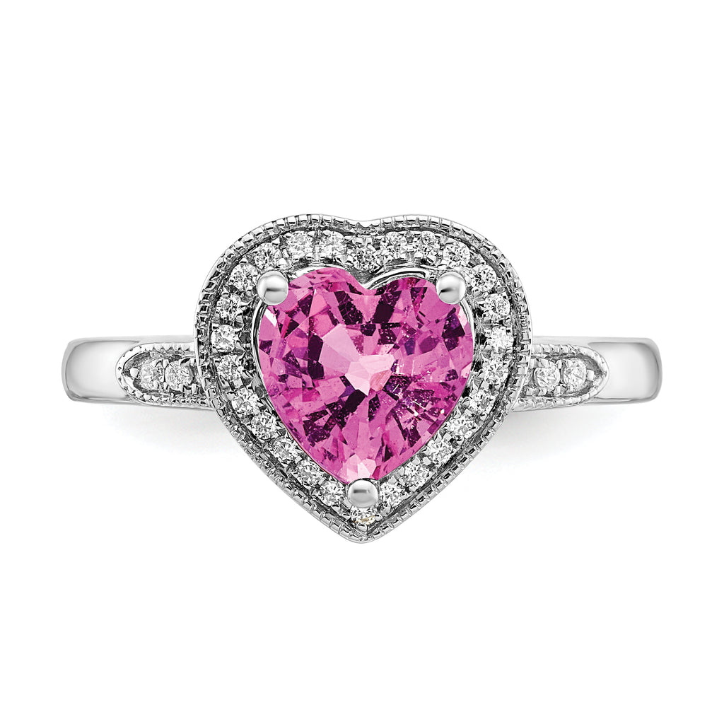 14k White Gold Heart Created Pink Sapphire and Diamond Halo Ring