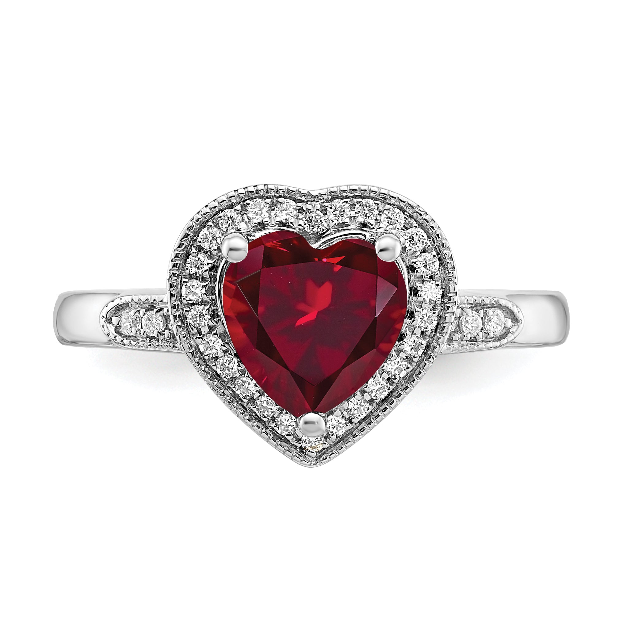 14k White Gold Heart Created Ruby and Diamond Halo Ring